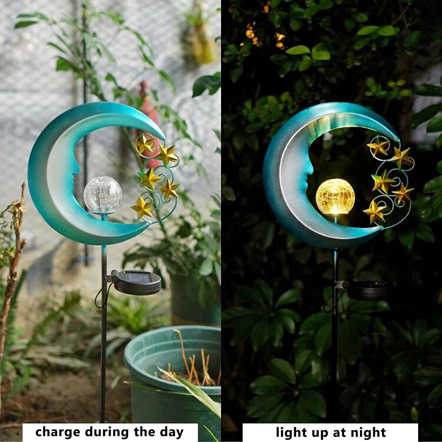 Solar Moon Lights, Outdoor Garden Lights with Crackle Glass Ball and Golden Stars, Waterproof Pathway Stake Lights for Lawn, Patio, Yard (1 Pack, Blue)