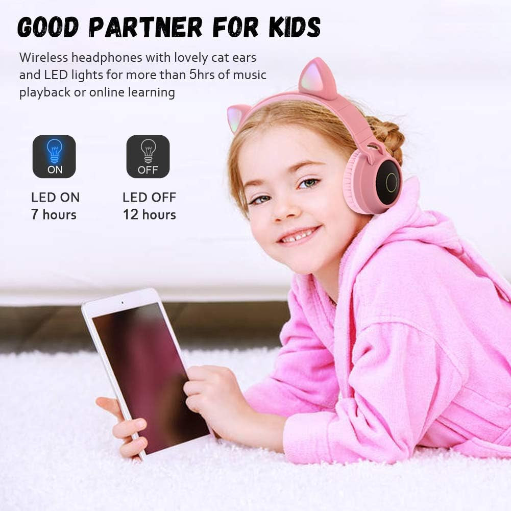 Kids Bluetooth 5.0 Cat Ear Headphones Foldable On-Ear Stereo Wireless Headset with Mic LED Light and Volume Control Support TF Card Aux in Compatible with Smartphones PC Tablet (Pink)
