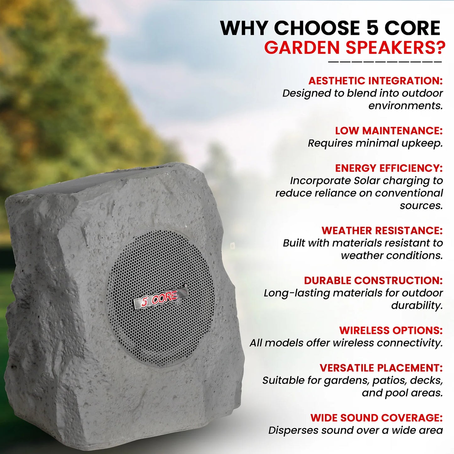 5Core Outdoor Speakers Bluetooth Waterproof Wireless Linkable TWS 10W Pool Patio Garden Rock Subwoofer