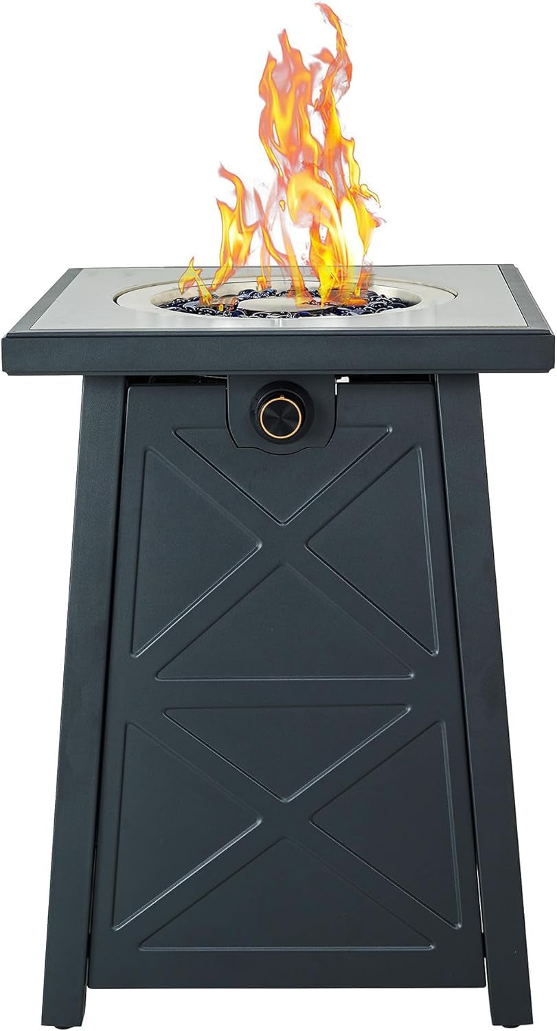 19.5-Inch Propane Fire Pit, Porcelain Tile Top Gas Fire Pit Table, 40,000 BTU Propane Gas Firebowl Column Modern Pattern W/Glass Rocks, Cover, Lid, No Wind Guard