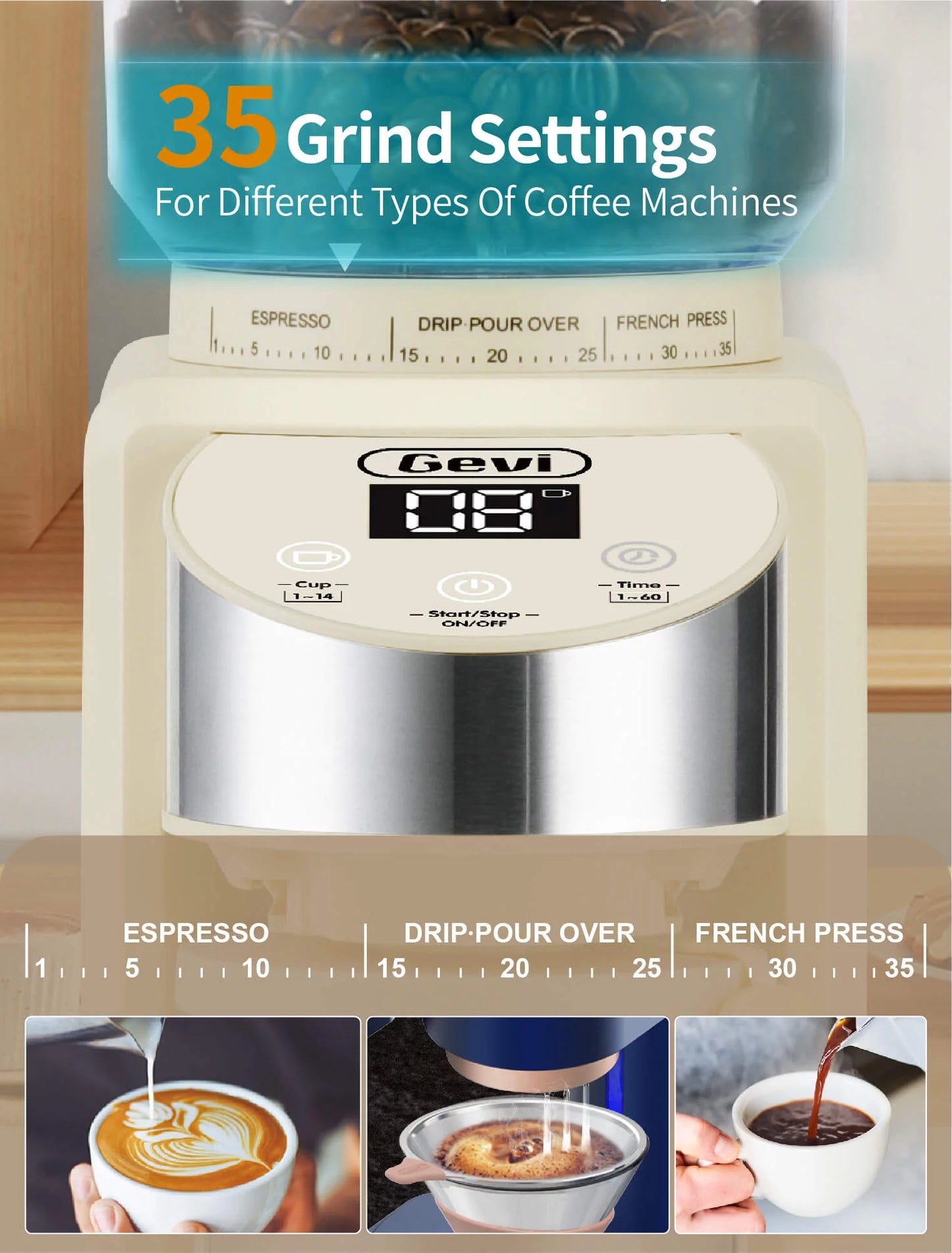 Burr Coffee Grinder Adjustable Burr Mill with 35 Precise Grind Settings,Beige