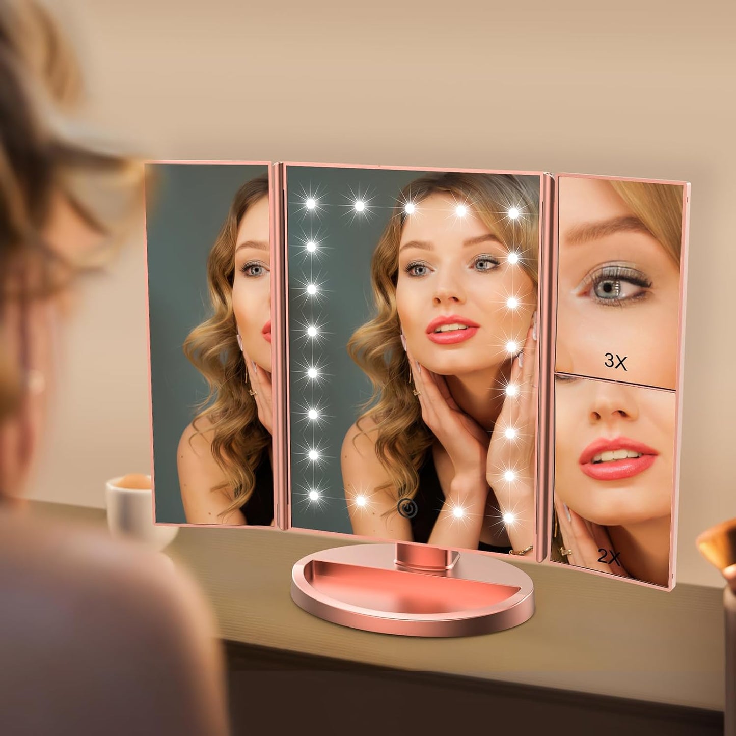 Lighted Vanity Makeup Mirror 1X/2X/3X Magnification Trifold with 21 LED Lights Touch Screen and USB Charging, 180 Degree Adjustable Stand for Countertop Cosmetic Makeup Mirror(Rose Gold)