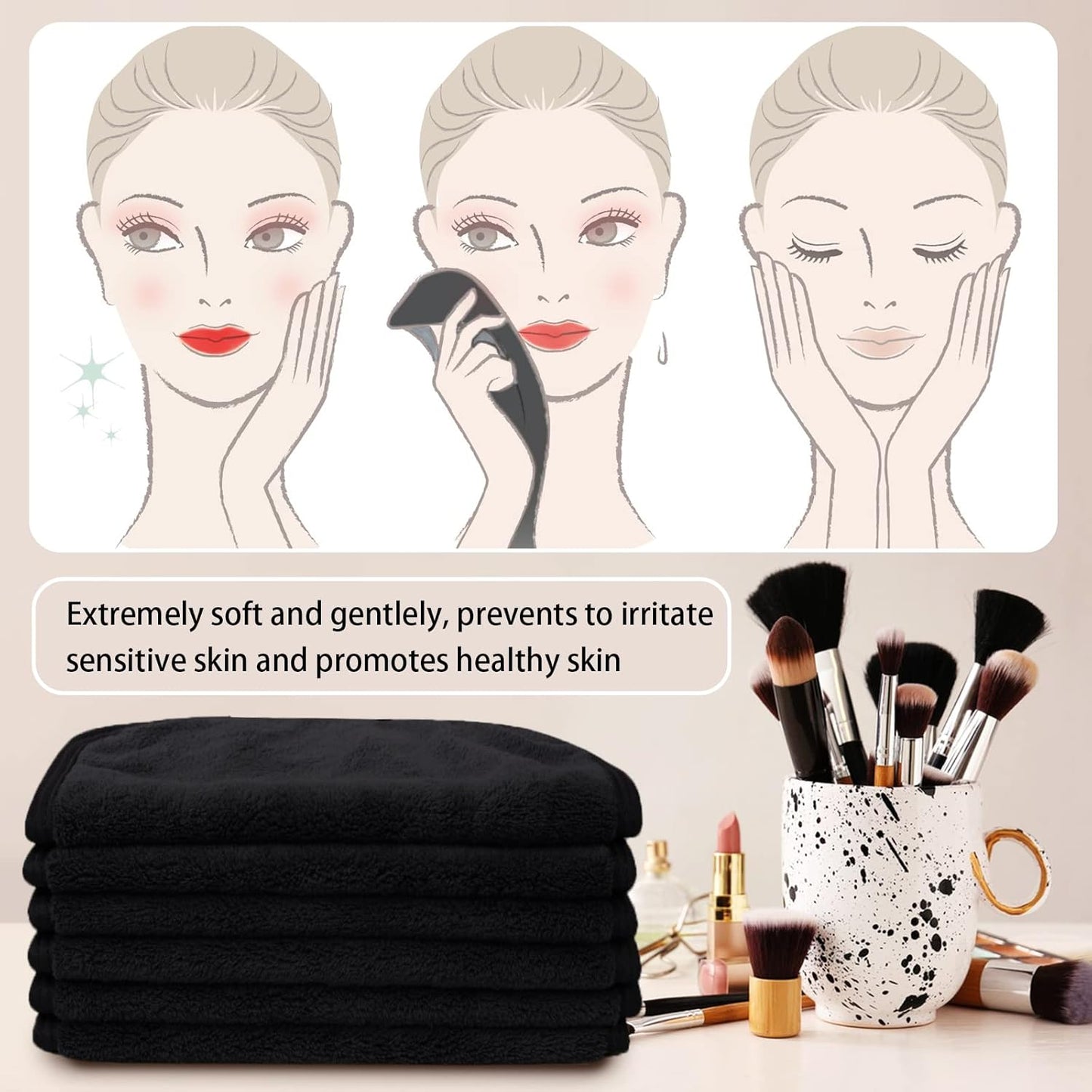 Microfiber Makeup Remover Cloths Reusable Face Towel Soft Facial and Skin Care Wash Cloth 9.8Inchx9.8Inch 6 Pack Black
