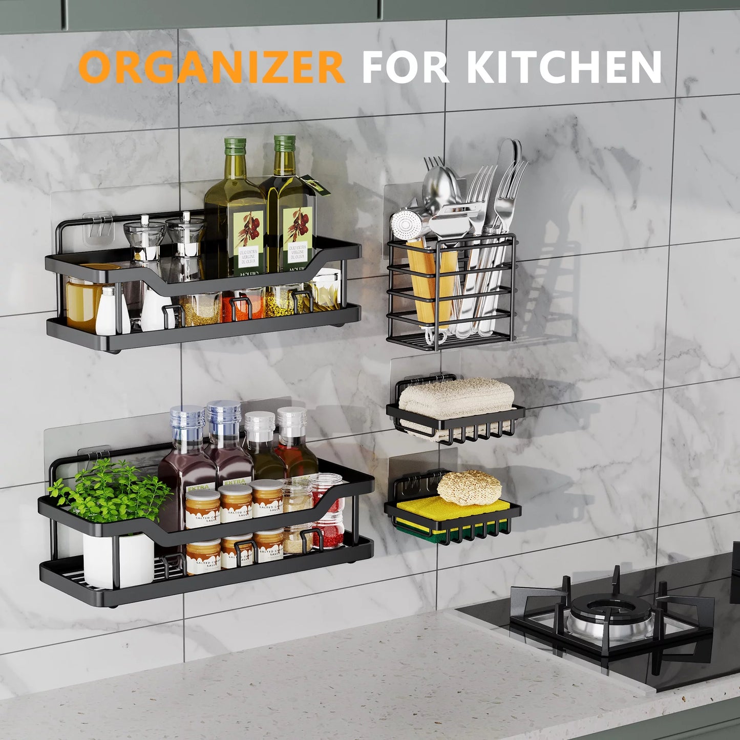 Shower Caddy Bathroom Organizer, 5 PCS Self-Adhesive Bathroom Shower Caddy Basket with Soap & Toothbrush Holder, No Drilling Wall Mounted Rustproof Stainless Steel Shower Shelf Black