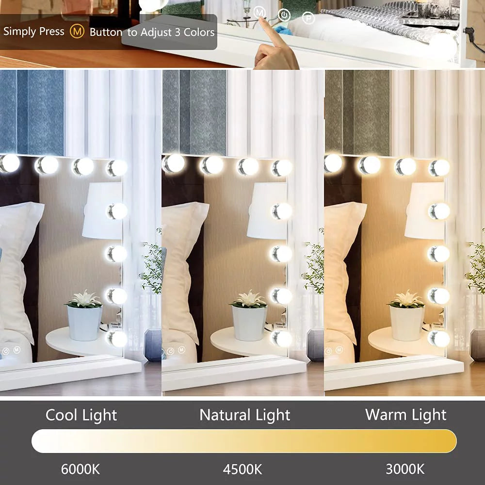 Hollywood Makeup Mirror Vanity Mirror with Lights, Large Bedroom Makeup Mirror with Lights LED Bulbs Dimmable 3 Color Lighting Mode with Removable Magnification