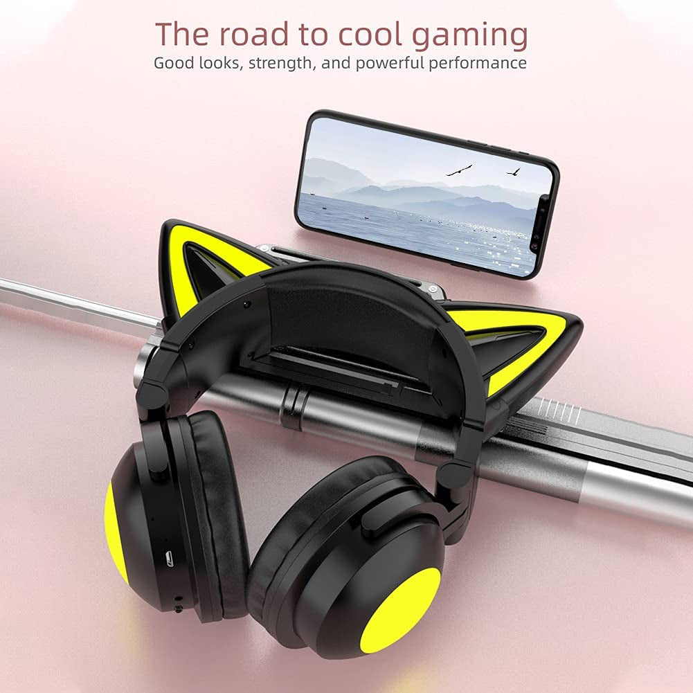 Cat Ear Wireless Headphones with Microphone, with LED Light up over Ear Headphones Adjustable Volume and Foldable Headset for Tablet PC Cell Phones(Black)