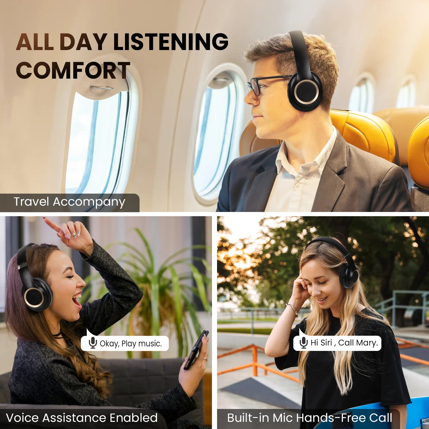Bluetooth Headphones over Ear,Hybrid Active Noise Cancelling Headphones, Wireless Headphones with Microphone,Hifi Stereo Foldable Lightweight Wireless Headset Black Gold