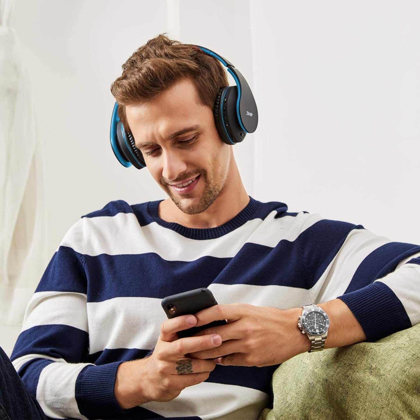 Bluetooth Headphones Over-Ear, Foldable Wireless and Wired Stereo Headset Micro SD/TF, FM for Cell Phone,Pc,Soft Earmuffs &Light Weight for Prolonged Wearing (Black/Blue)