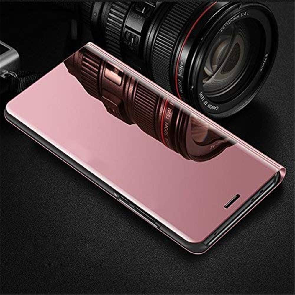 LEECOCO for Samsung A20 Case Slim Luxury Clear View Electroplate Plating Mirror Makeup Stand Scratchproof Full Body Protective Flip Case Cover for Samsung Galaxy A20 / A30 Mirror PU Rose Gold