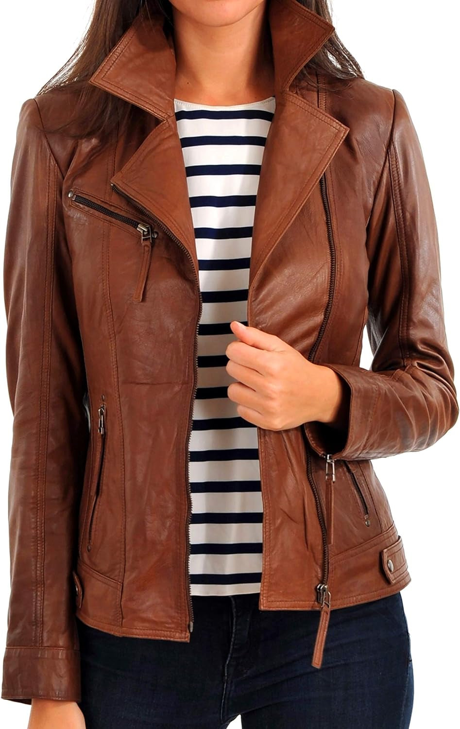 Womens Leather Jacket Bomber Motorcycle Biker Real Lambskin Leather Jacket for Womens