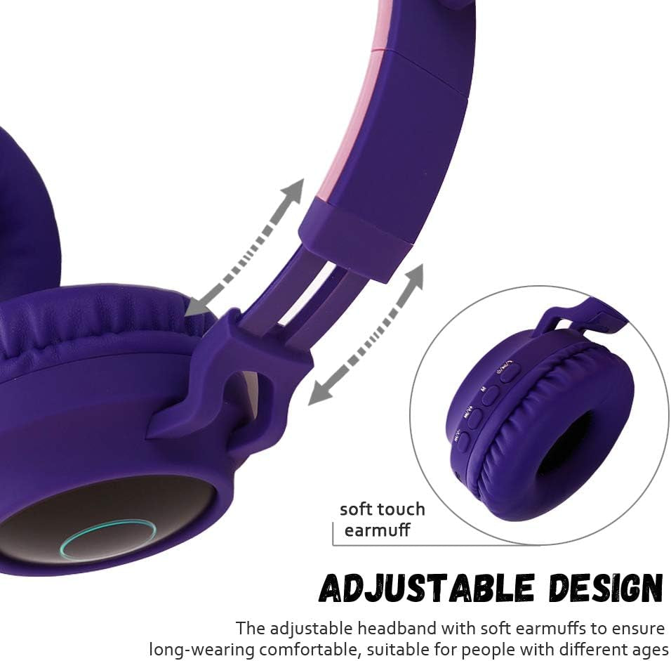 Kids Bluetooth 5.0 Cat Ear Headphones Foldable On-Ear Stereo Wireless Headset with Mic LED Light and Volume Control Support TF Card Aux in Compatible with Smartphones PC Tablet (Pink)