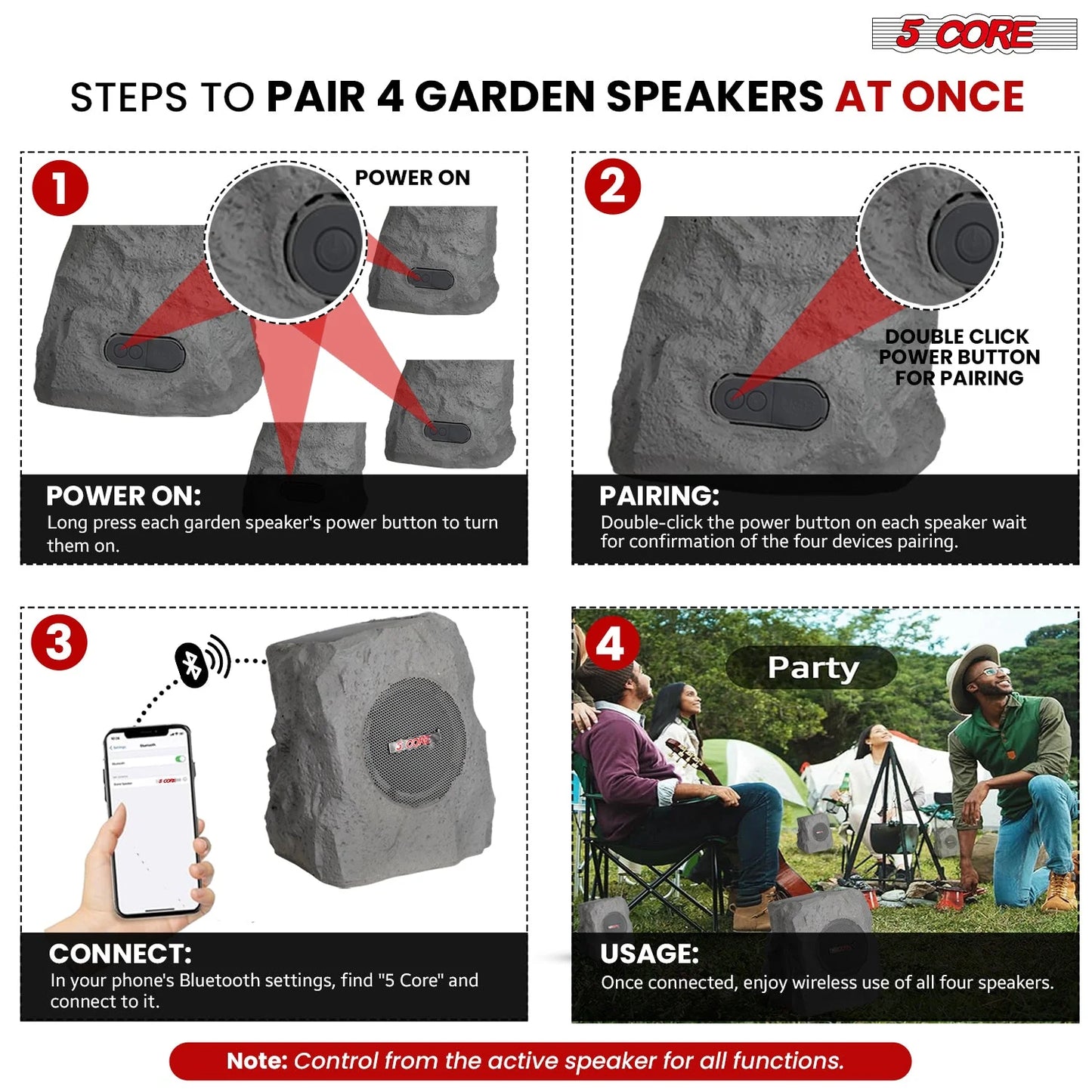 5Core Outdoor Speakers Bluetooth Waterproof Wireless Linkable TWS 10W Pool Patio Garden Rock Subwoofer