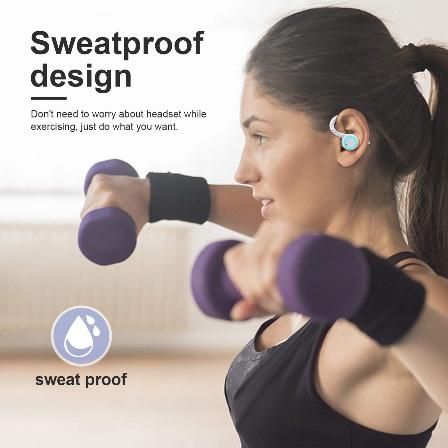 True Wireless Earphones with Charging Case IPX 7 Waterproof over Ear Bluetooth Headphones Built-In Mic Deep Bass Headset for Sport Running - White