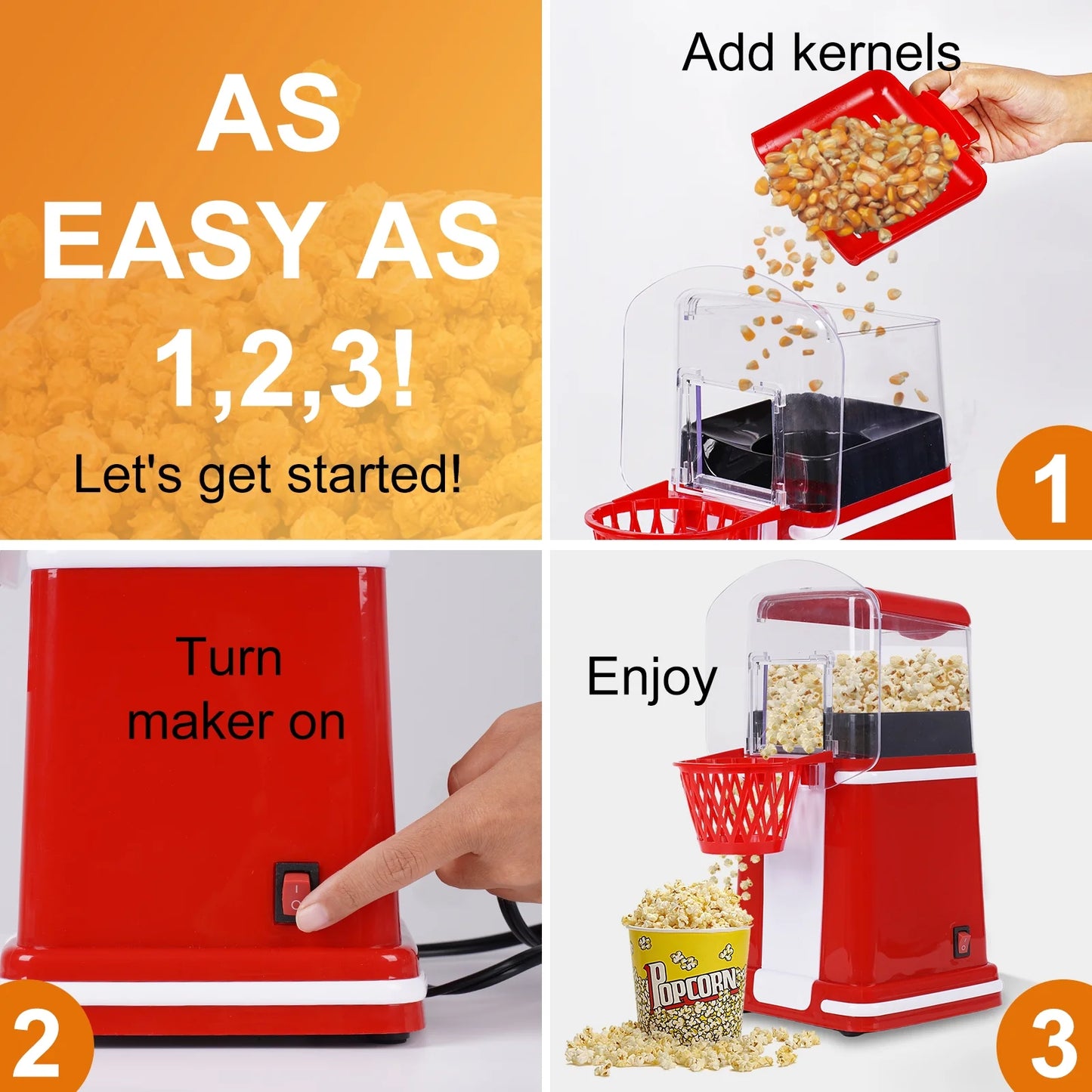 Hot Air Popcorn Popper, Retro Popcorn Maker, 1200W Electric Popcorn Machine, Oil Free, 3.3Lb for Home Party Kids, New, Red