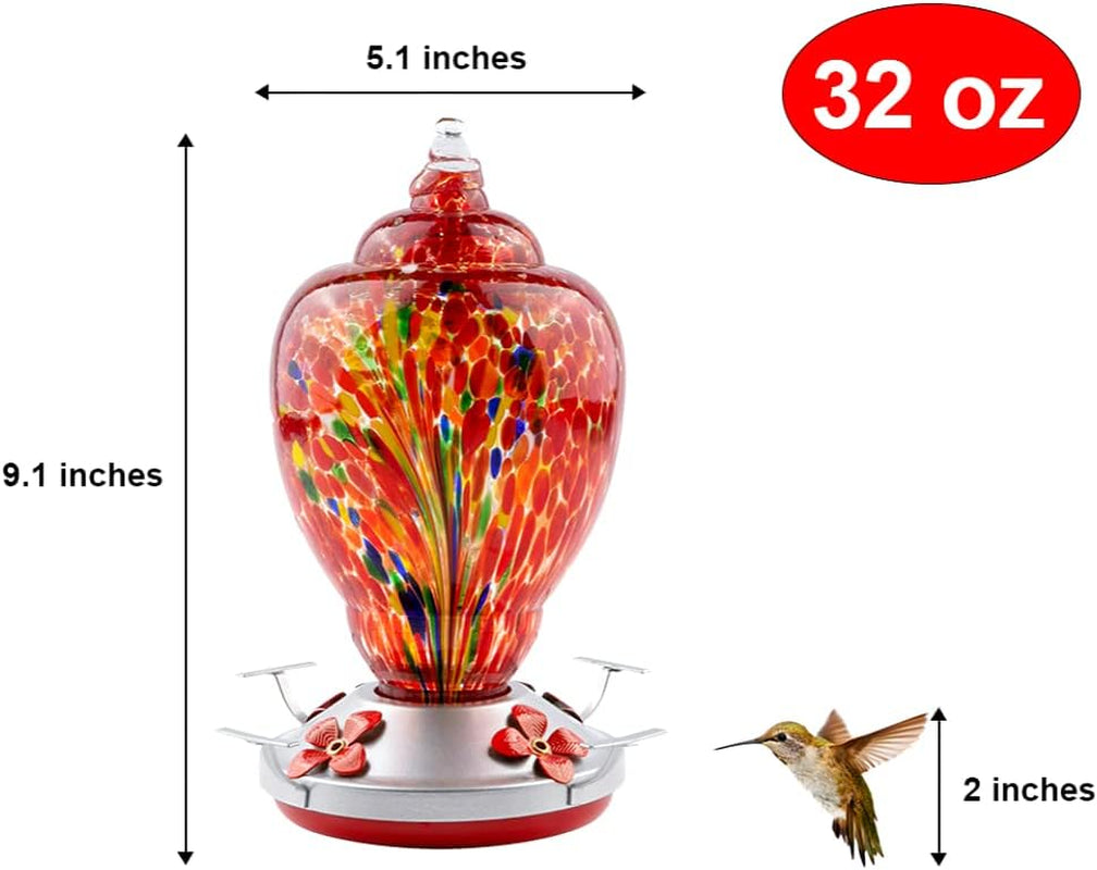 Hummingbird Feeder for Outdoors Patio Large 32 Ounces Colorful Hand Blown Glass Hummingbird Feeder with Ant Moat Hanging Hook, Rope, Brush and Service Card (Red-Firework)