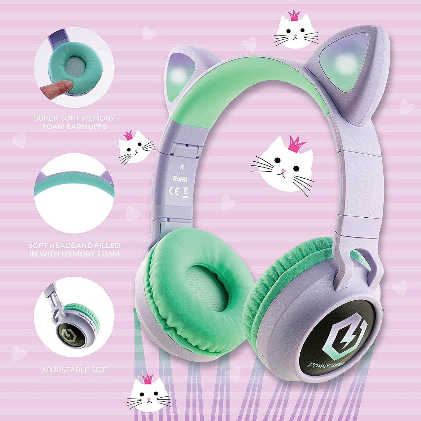 Kids Cat Ear Headphones, Kids Bluetooth Headphones, LED Lights Up, Safe Volume Limit, Micro SD/TF, Bluetooth 5.3, Kids Headphones Wireless for Ipad, Travel,Tablet (Purple/Teal)