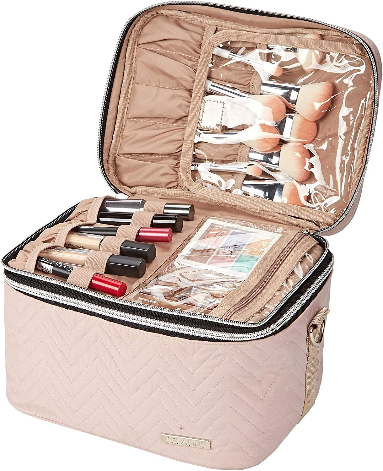 Double Layer Makeup Bag for Travel, Portable Cosmetic Organizer for Brushes Sets, Large Toiletry Holder with Straps, Pink
