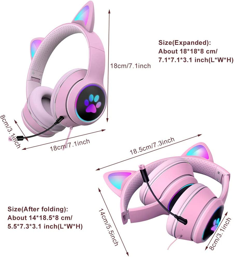 Ear Headphones, Cat Ear LED Light up Foldable Headphones Hifi 3.5MM Noise Reduction Headphones Computer Gaming Headset Cat Ear Headphone with Microphone and Volume Control