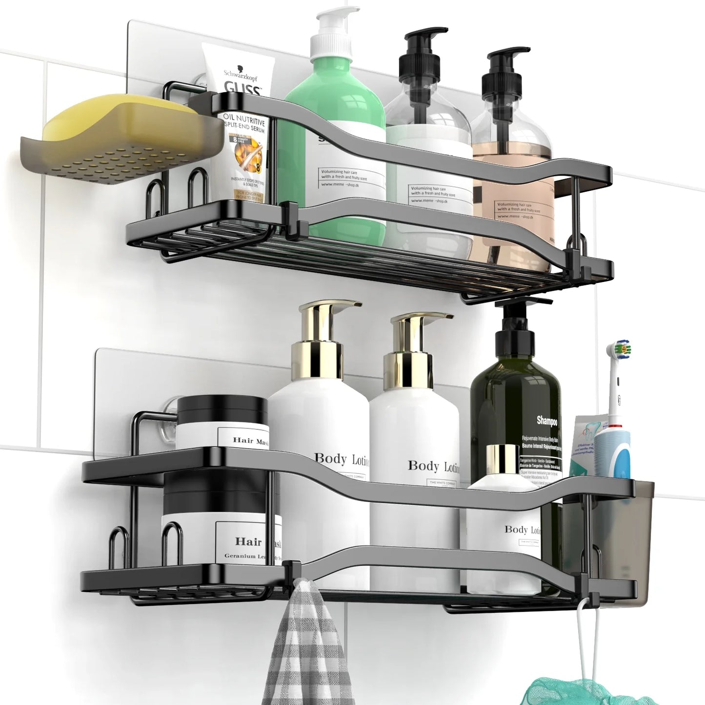 Bathroom Shower Caddy , 2 Pack Stainless Steel Adhesive Shelves with Hooks, Toothpaste & Soap Holder, No Drilling Rustproof Bathroom Shower Organizer for Shower Storage Black