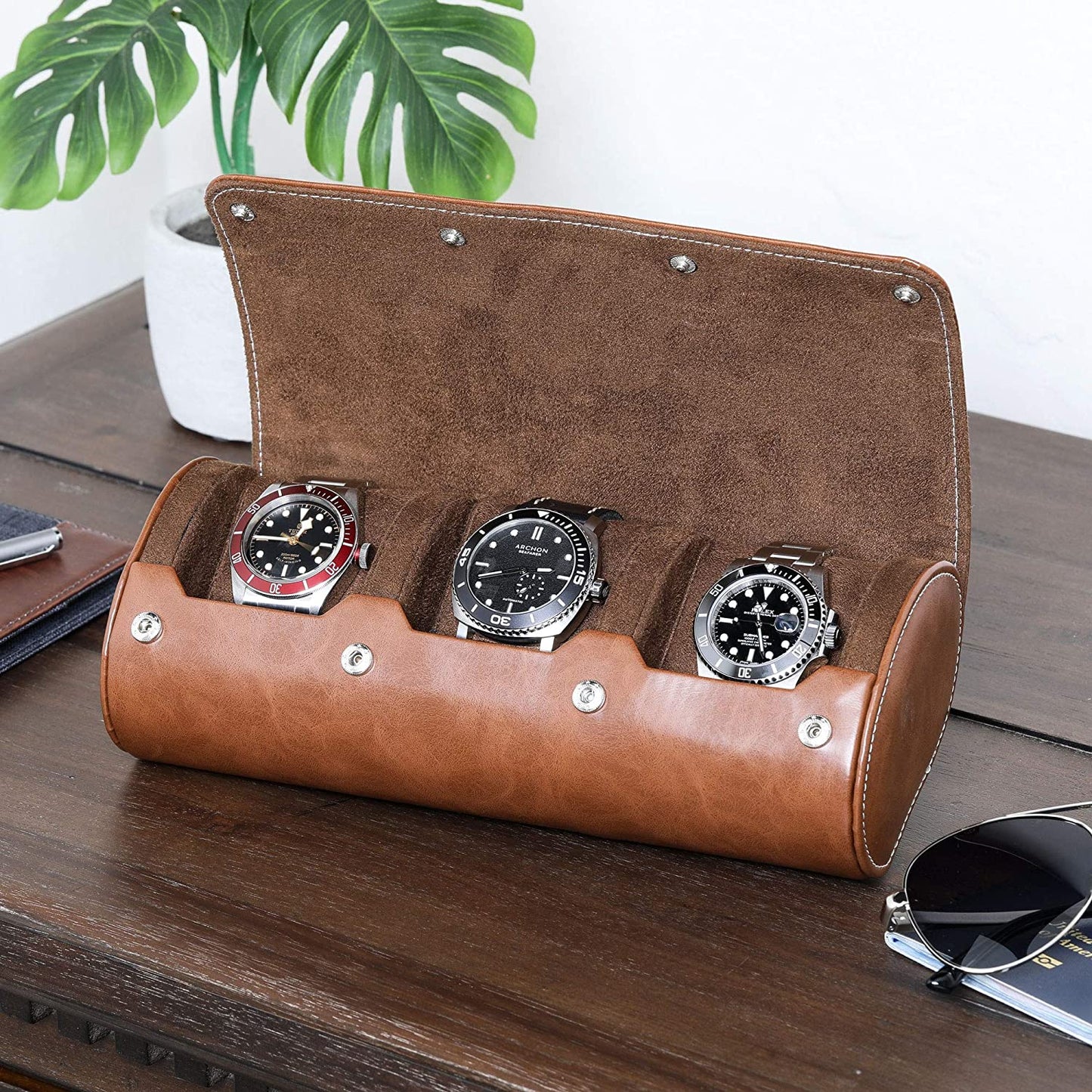 Watch Roll Travel Case for 3 Watches | Tough Portable Protection, Fits All Wrist Watches & Smart Watches up to 50Mm (Tan/Brown)
