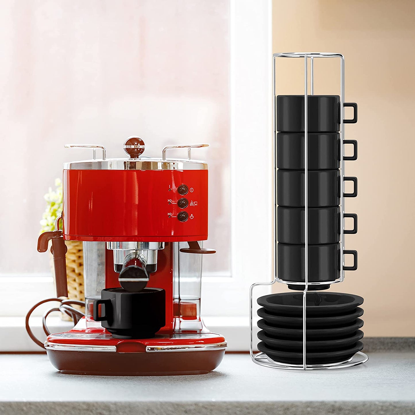 Espresso Cups and Saucers with Spoons, Black, Stackable Demitasse with Metal Stand, 19 Pieces, 2.5 Ounce, Porcelain, Tea Kit, Teacups, Turkish Coffee Mug, Organizer Rack