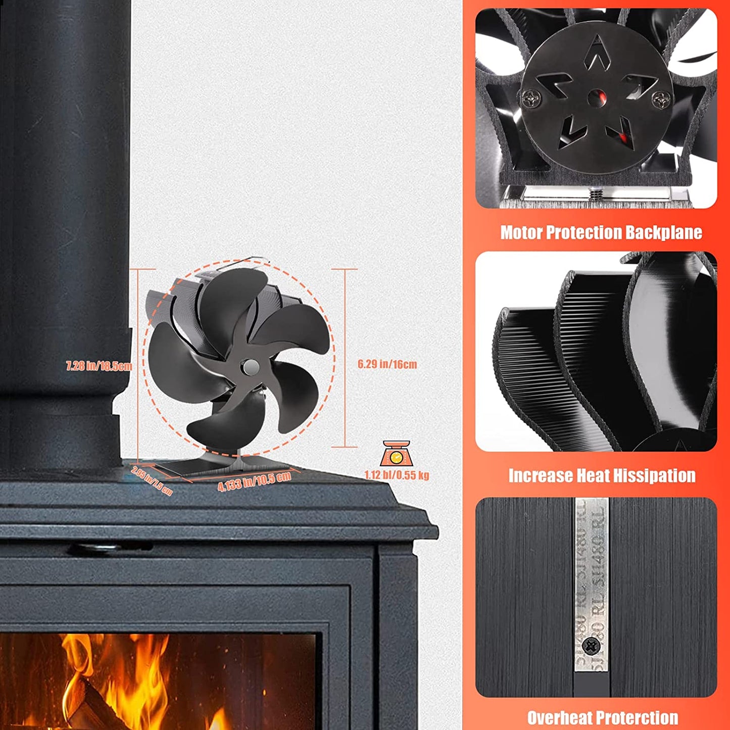 Wood Stove Fan Heat Powered, 5 Blades Non Electric Ecofan, Thermoelectric Fireplace Cocoon Fans for Log/Wood/Pellet Buring Stoves, save Fuel&Efficient Heat Transfer