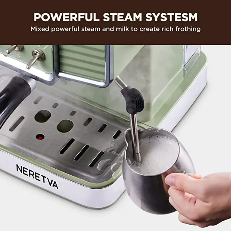Neretva Espresso Coffee Machine 15 Bar Espresso Maker with Milk Frother Steam Wand Cappuccino, Latte for Home Barista, 1.6L Removable Water Tank, Coffee Spoon, Milk Frothing Pitcher, Vintage Green