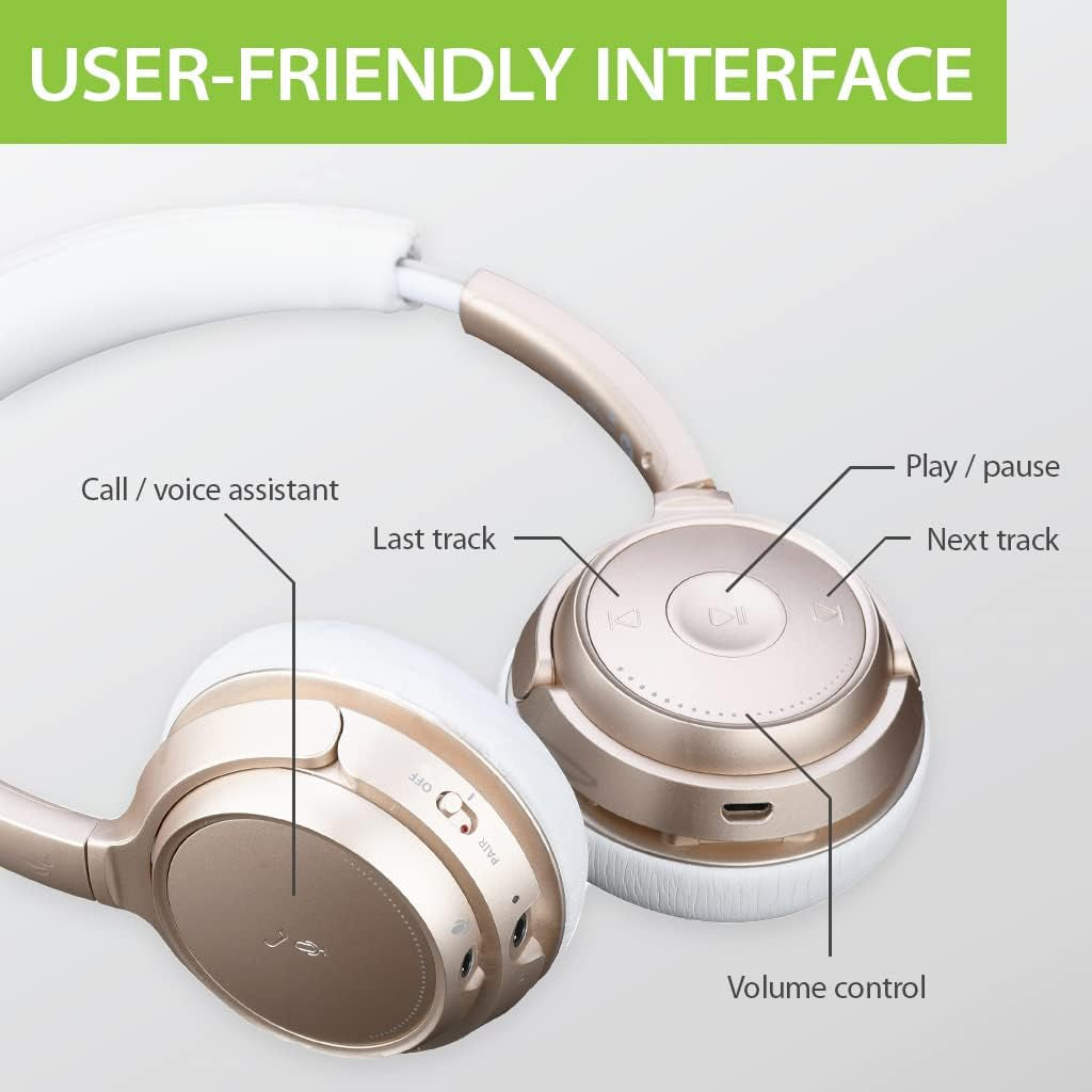 AH6B - Bluetooth 5.0 Wireless on Ear Headphones, Premium Sound, 22 Hrs Playtime, Soft Padding, Lightweight, Universal Compatible with Cell Phone, Tablet, PC, and Laptop, Champaign Gold