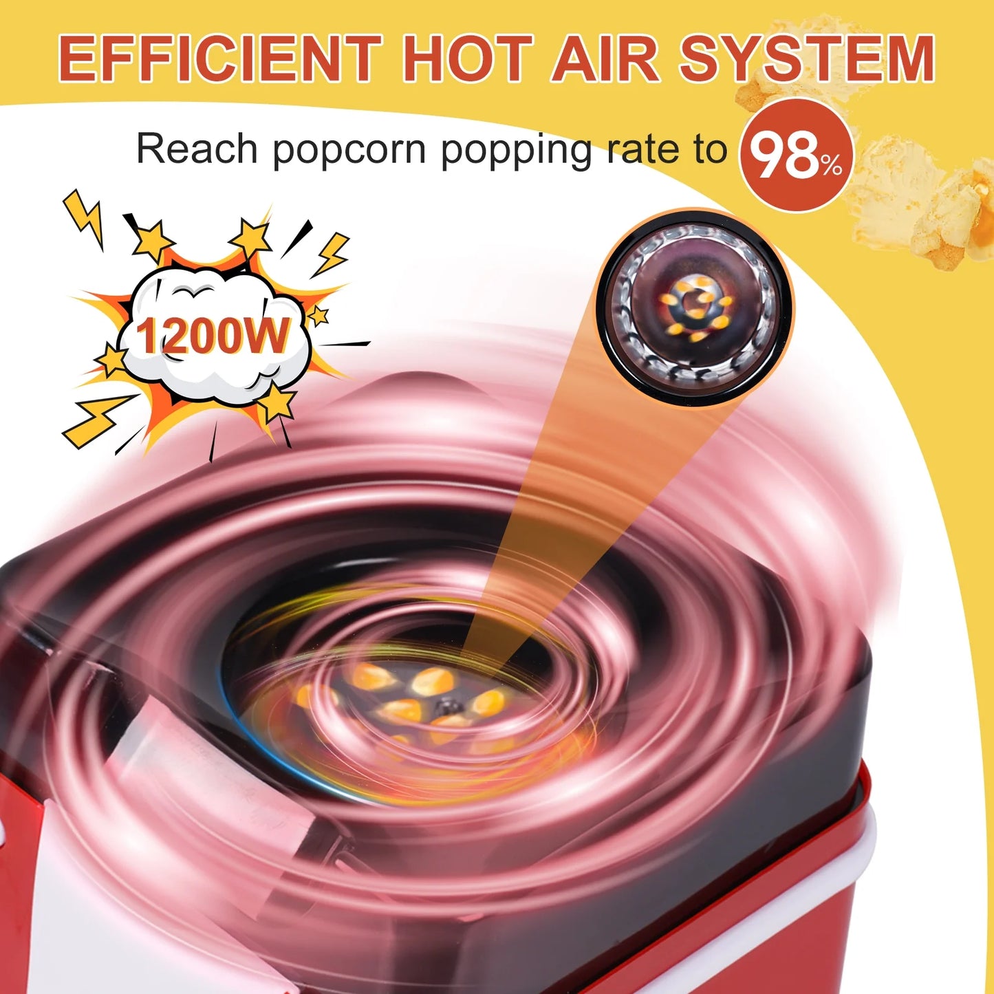 Hot Air Popcorn Popper, Retro Popcorn Maker, 1200W Electric Popcorn Machine, Oil Free, 3.3Lb for Home Party Kids, New, Red