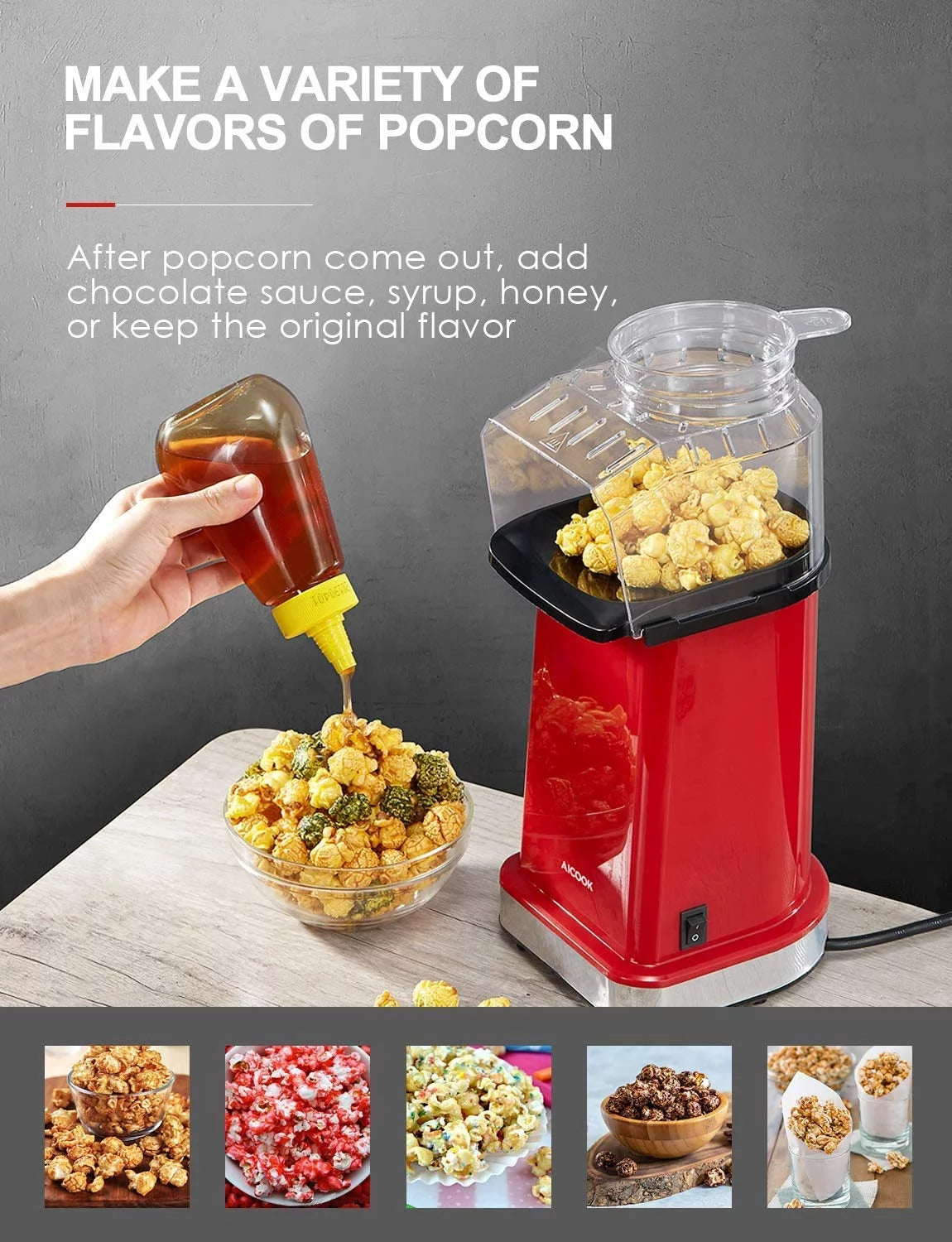 18Cups Hot Air Popcorn Popper Maker, 1400W, Oil-Free, with Measuring Cup, Red