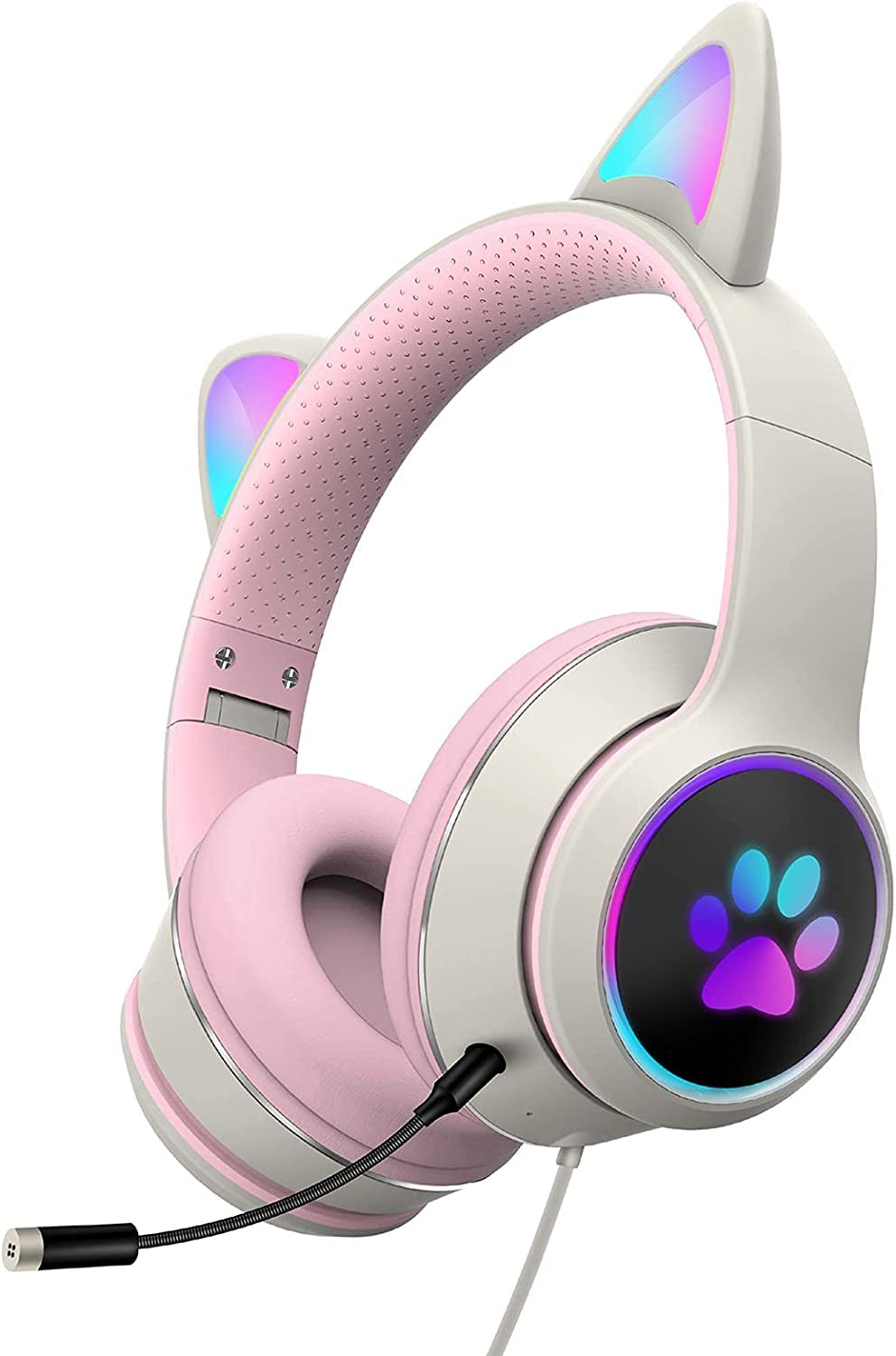 Ear Headphones, Cat Ear LED Light up Foldable Headphones Hifi 3.5MM Noise Reduction Headphones Computer Gaming Headset Cat Ear Headphone with Microphone and Volume Control