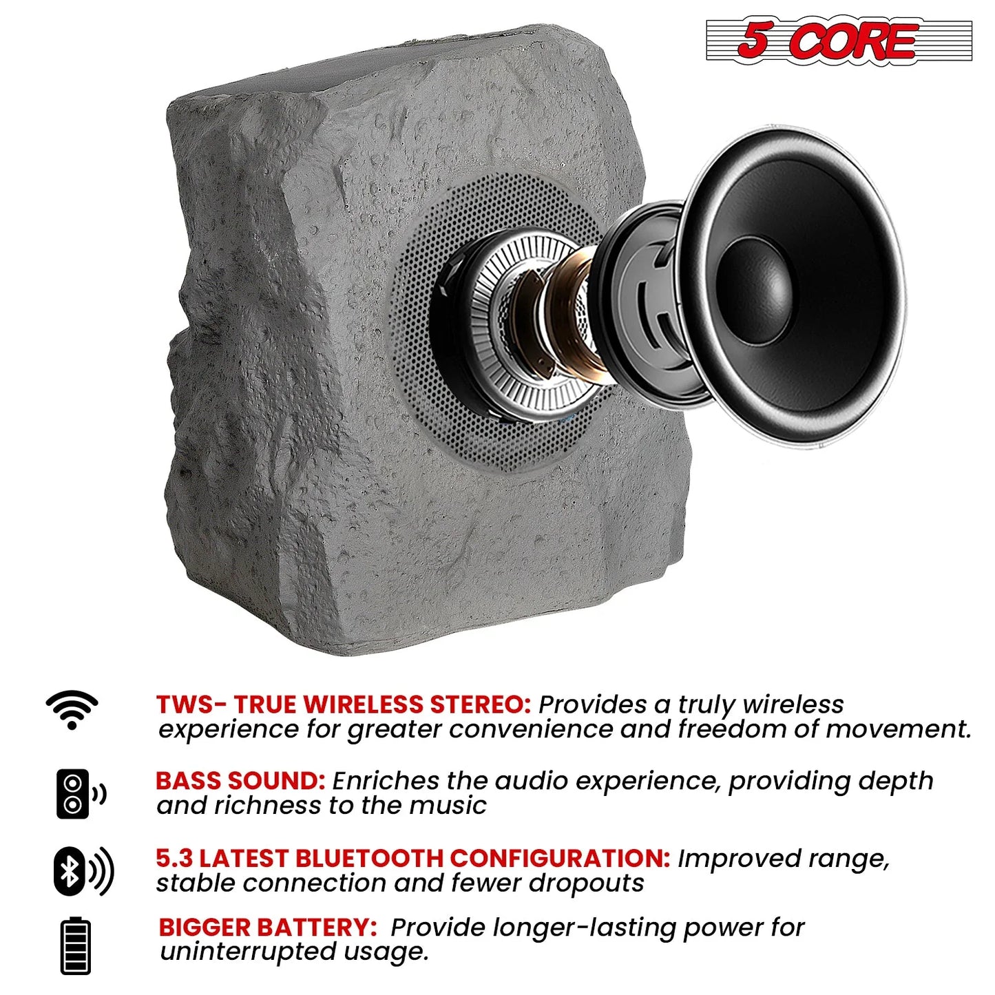 5Core Outdoor Speakers Bluetooth Waterproof Wireless Linkable TWS 10W Pool Patio Garden Rock Subwoofer