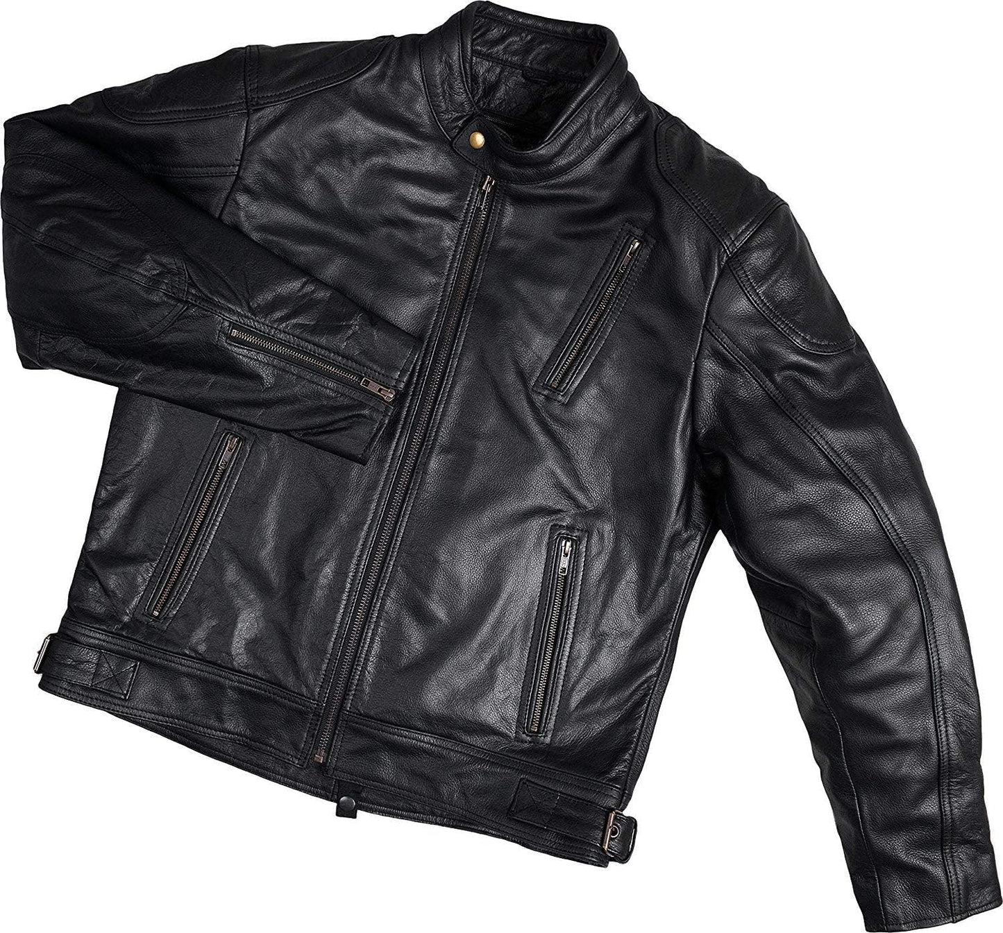 Leather Motorcycle Jacket with Armor for Men, Cafe Racer Genuine Leather Jacket for Weather Resistant Enduro Motocross, Motorbike Riding, Easy Adjust Men'S Motorcycle Jacket, Medium