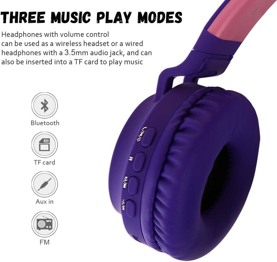 Kids Bluetooth 5.0 Cat Ear Headphones Foldable On-Ear Stereo Wireless Headset with Mic LED Light and Volume Control Support TF Card Aux in Compatible with Smartphones PC Tablet (Pink)
