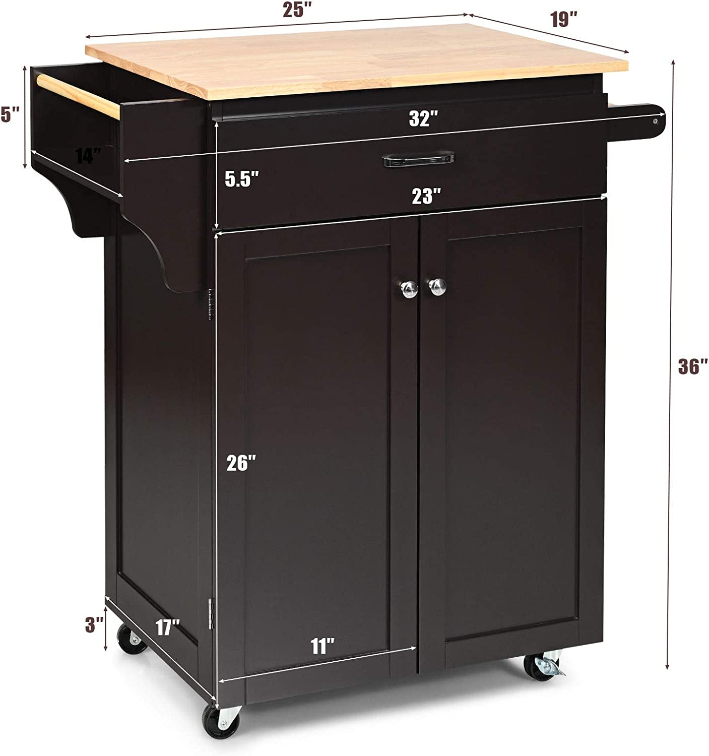Rolling Kitchen Island, Kitchen Trolley Cart with Spice Rack, Large Drawer, Towel Rack, Storage Pantry Cabinet with Adjustable Shelf, Kitchen Cart on Wheels, Dining Room Furniture (Espresso)