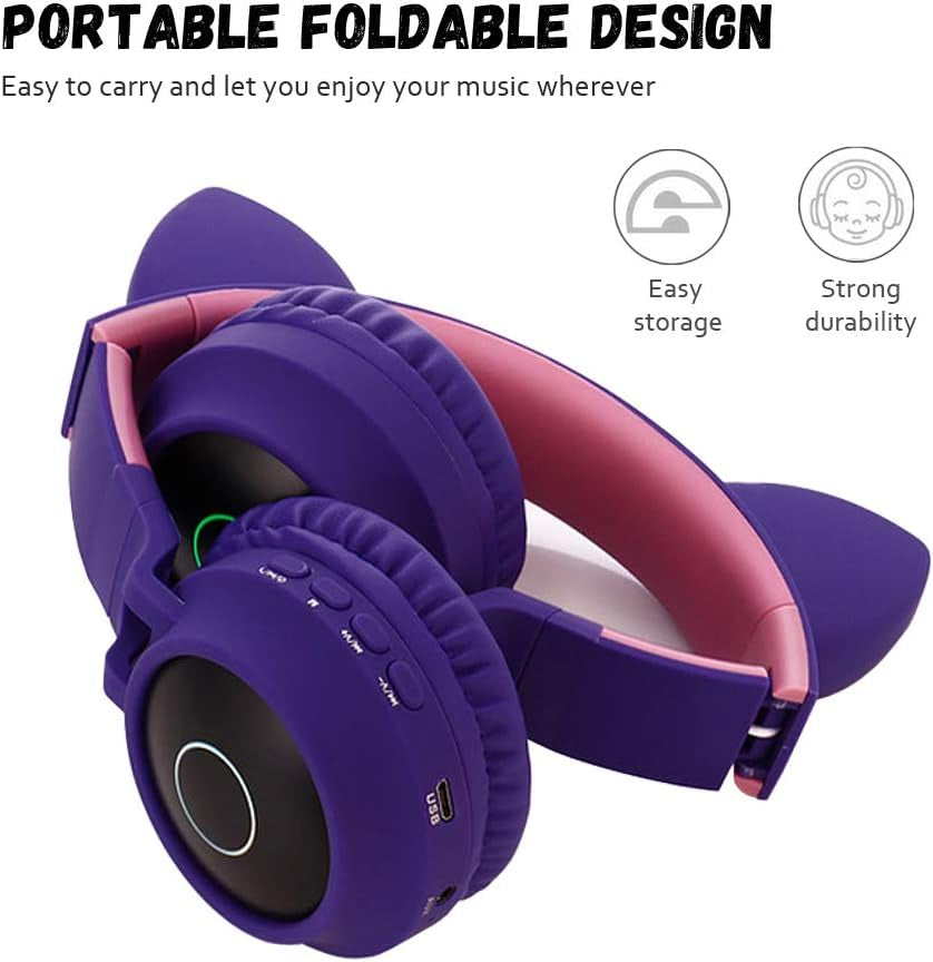 Kids Bluetooth 5.0 Cat Ear Headphones Foldable On-Ear Stereo Wireless Headset with Mic LED Light and Volume Control Support TF Card Aux in Compatible with Smartphones PC Tablet (Pink)