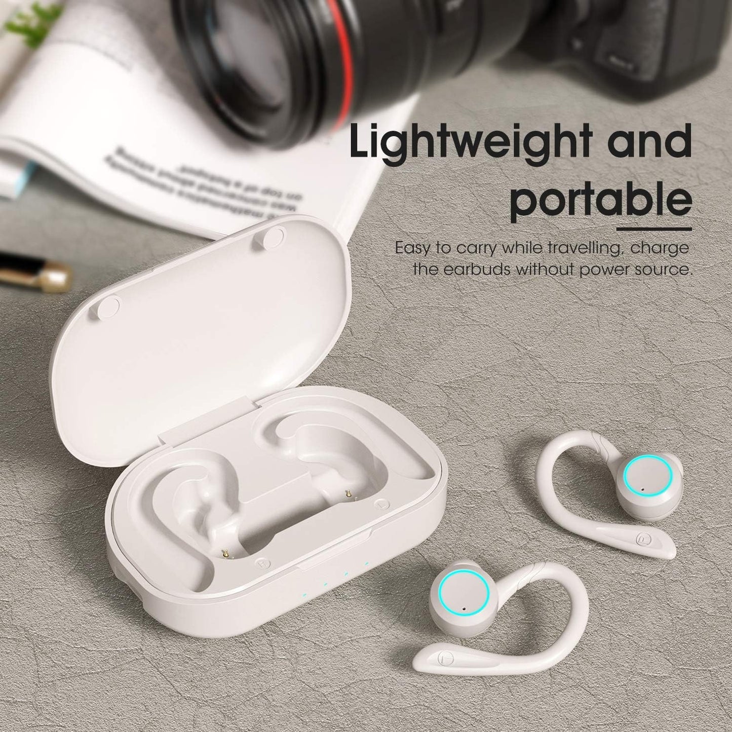 True Wireless Earphones with Charging Case IPX 7 Waterproof over Ear Bluetooth Headphones Built-In Mic Deep Bass Headset for Sport Running - White