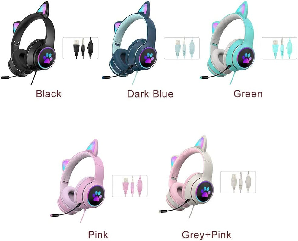 Ear Headphones, Cat Ear LED Light up Foldable Headphones Hifi 3.5MM Noise Reduction Headphones Computer Gaming Headset Cat Ear Headphone with Microphone and Volume Control