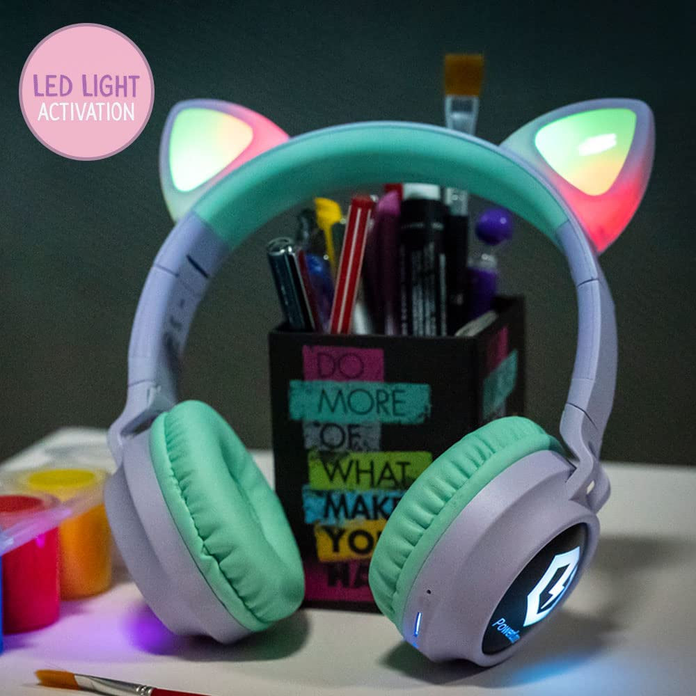 Kids Cat Ear Headphones, Kids Bluetooth Headphones, LED Lights Up, Safe Volume Limit, Micro SD/TF, Bluetooth 5.3, Kids Headphones Wireless for Ipad, Travel,Tablet (Purple/Teal)