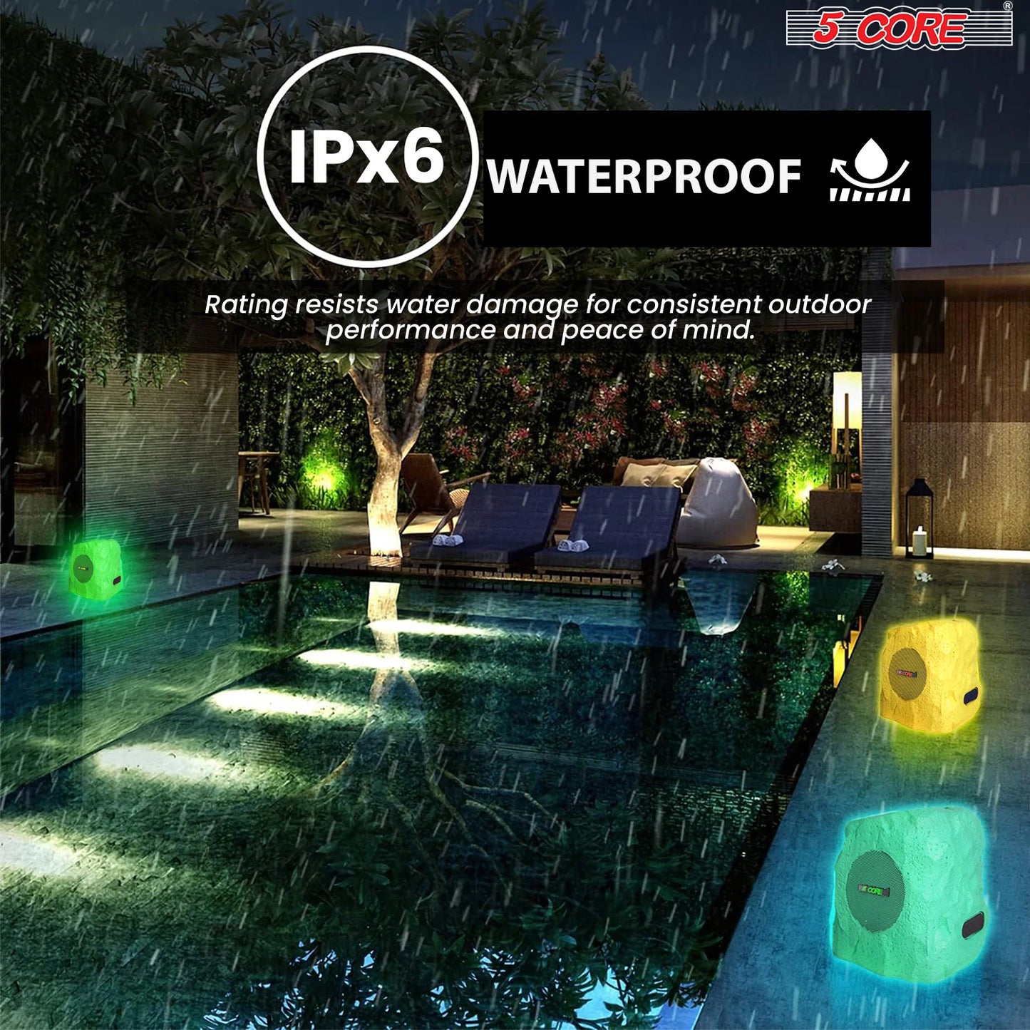 5Core Outdoor Speakers Bluetooth Waterproof Wireless Linkable TWS 10W Pool Patio Garden Rock Subwoofer
