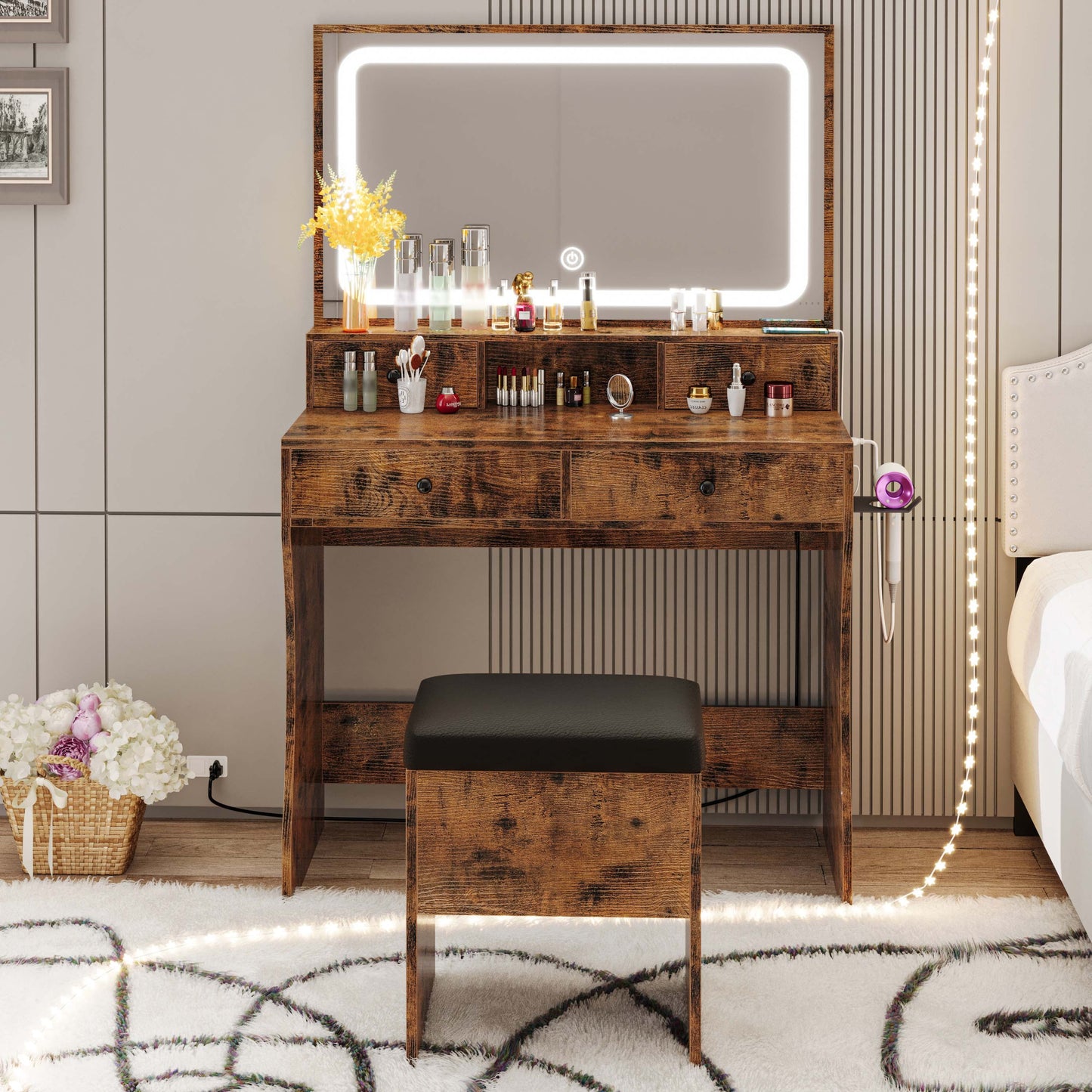 Vanity Desk, Bedroom Makeup Table with 4 Drawers,Storage Stool, Vintage Brown