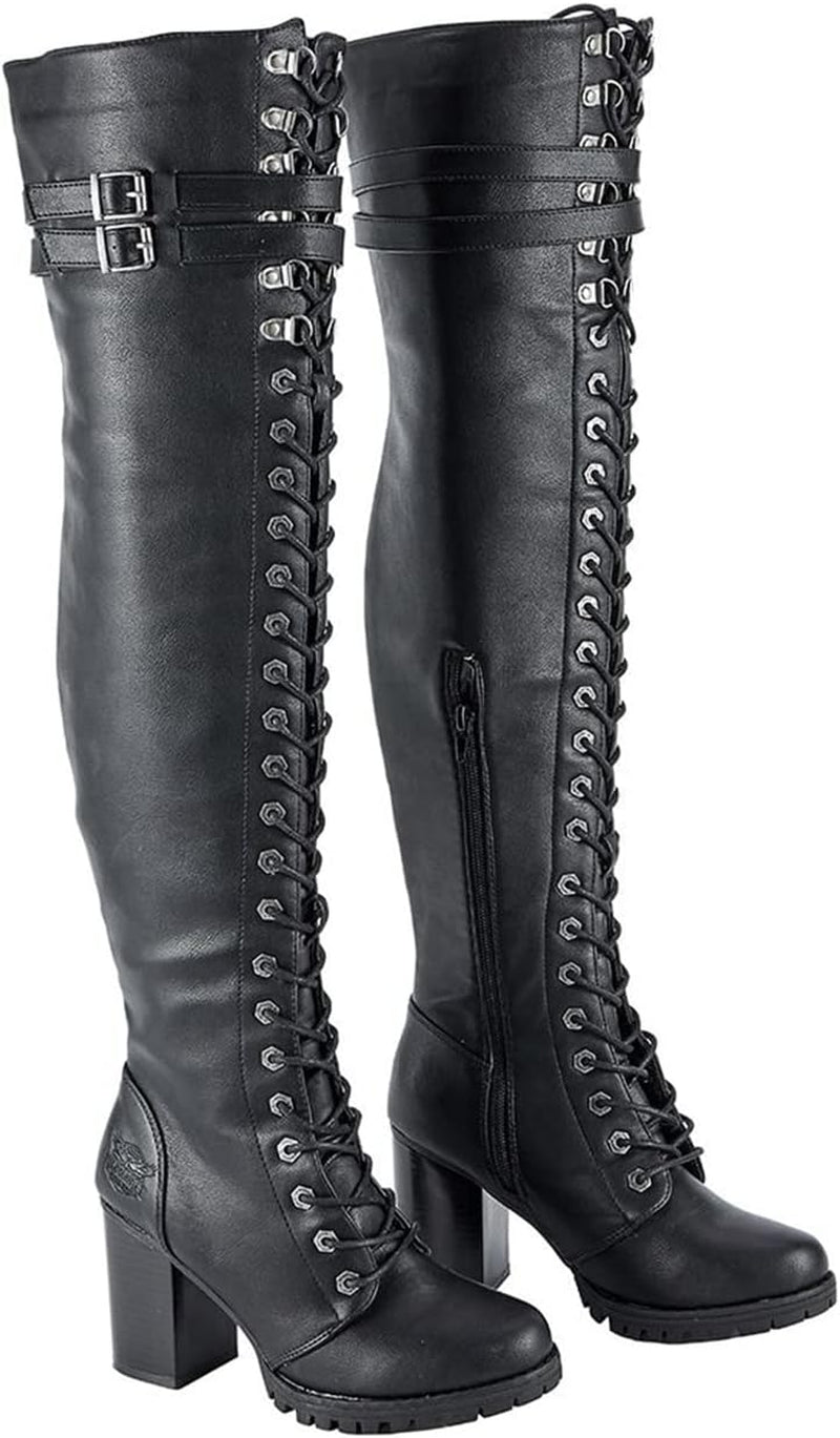 Ladies Knee High Laced Boots Sexy over the Knee Boots for Women Black Motorcycle Leather Boots with Calf Buckle