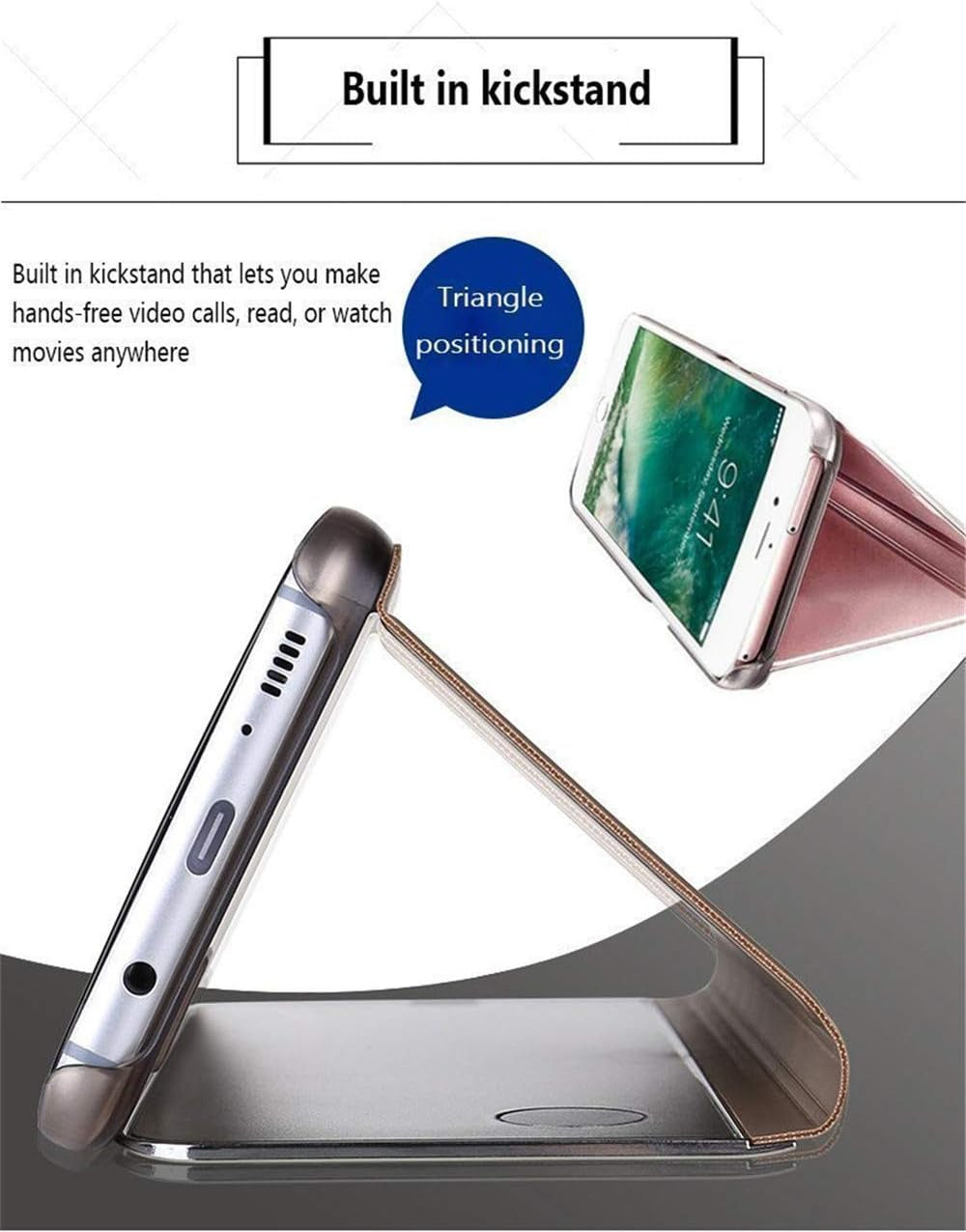 LEECOCO for Samsung A20 Case Slim Luxury Clear View Electroplate Plating Mirror Makeup Stand Scratchproof Full Body Protective Flip Case Cover for Samsung Galaxy A20 / A30 Mirror PU Rose Gold