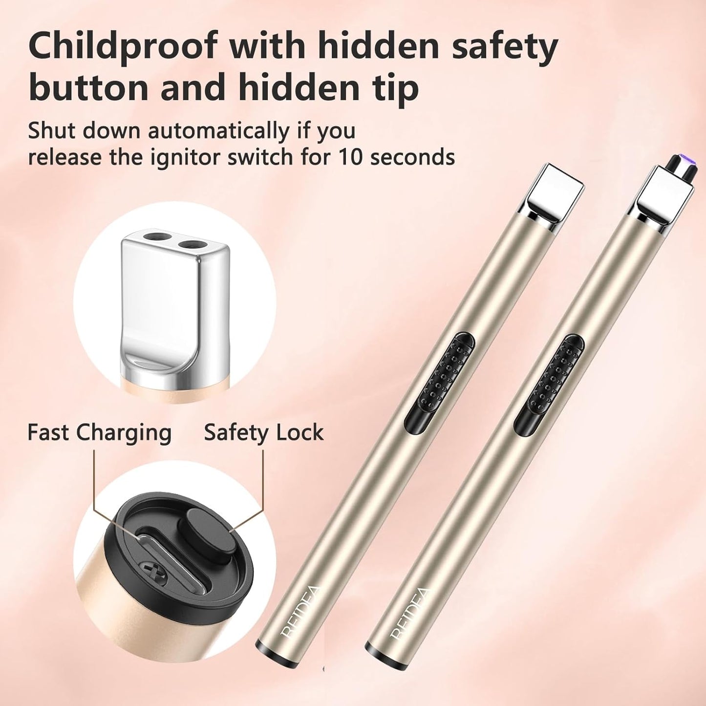 Electronic Candle Lighter Arc Windproof Flameless USB Rechargeable Lighter with Safe Button for Home Kitchen Champagne Gold