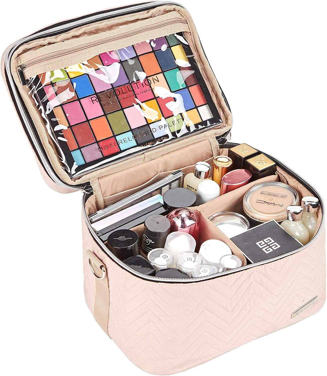 Double Layer Makeup Bag for Travel, Portable Cosmetic Organizer for Brushes Sets, Large Toiletry Holder with Straps, Pink