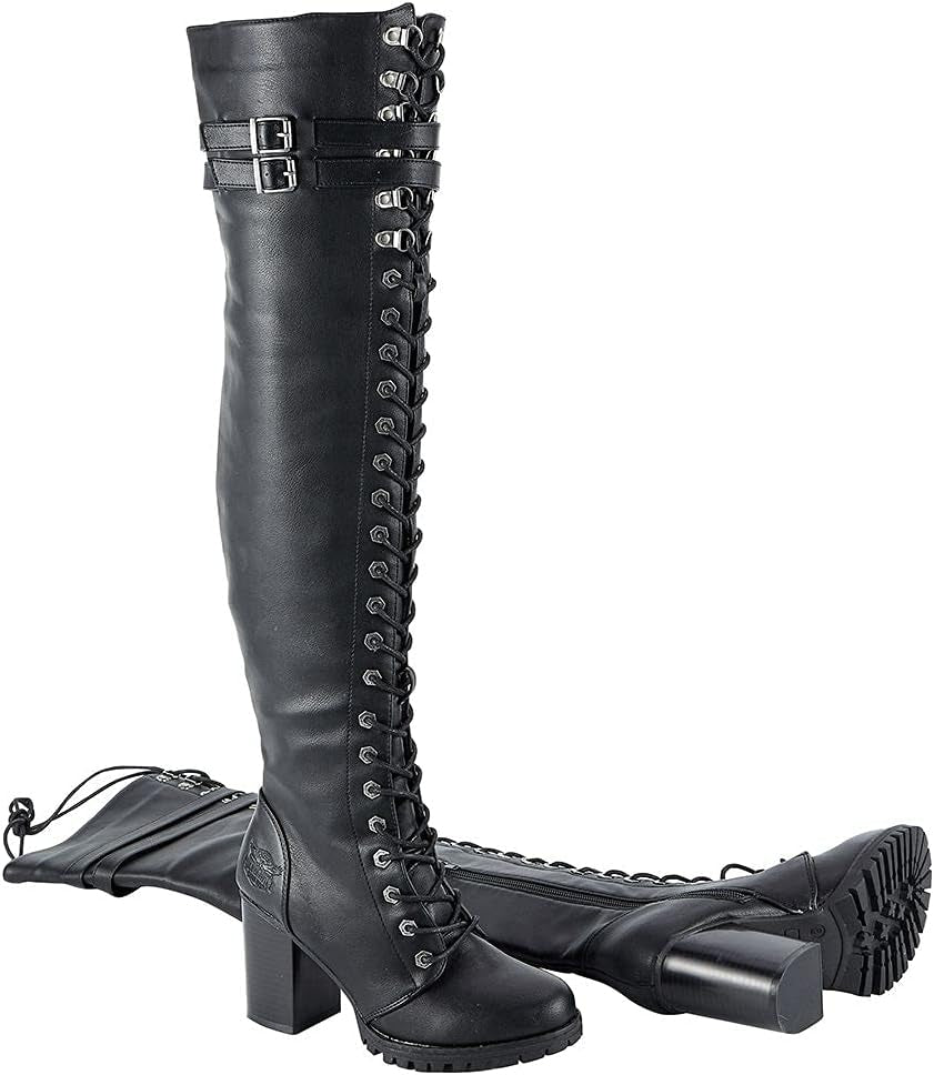 Ladies Knee High Laced Boots Sexy over the Knee Boots for Women Black Motorcycle Leather Boots with Calf Buckle