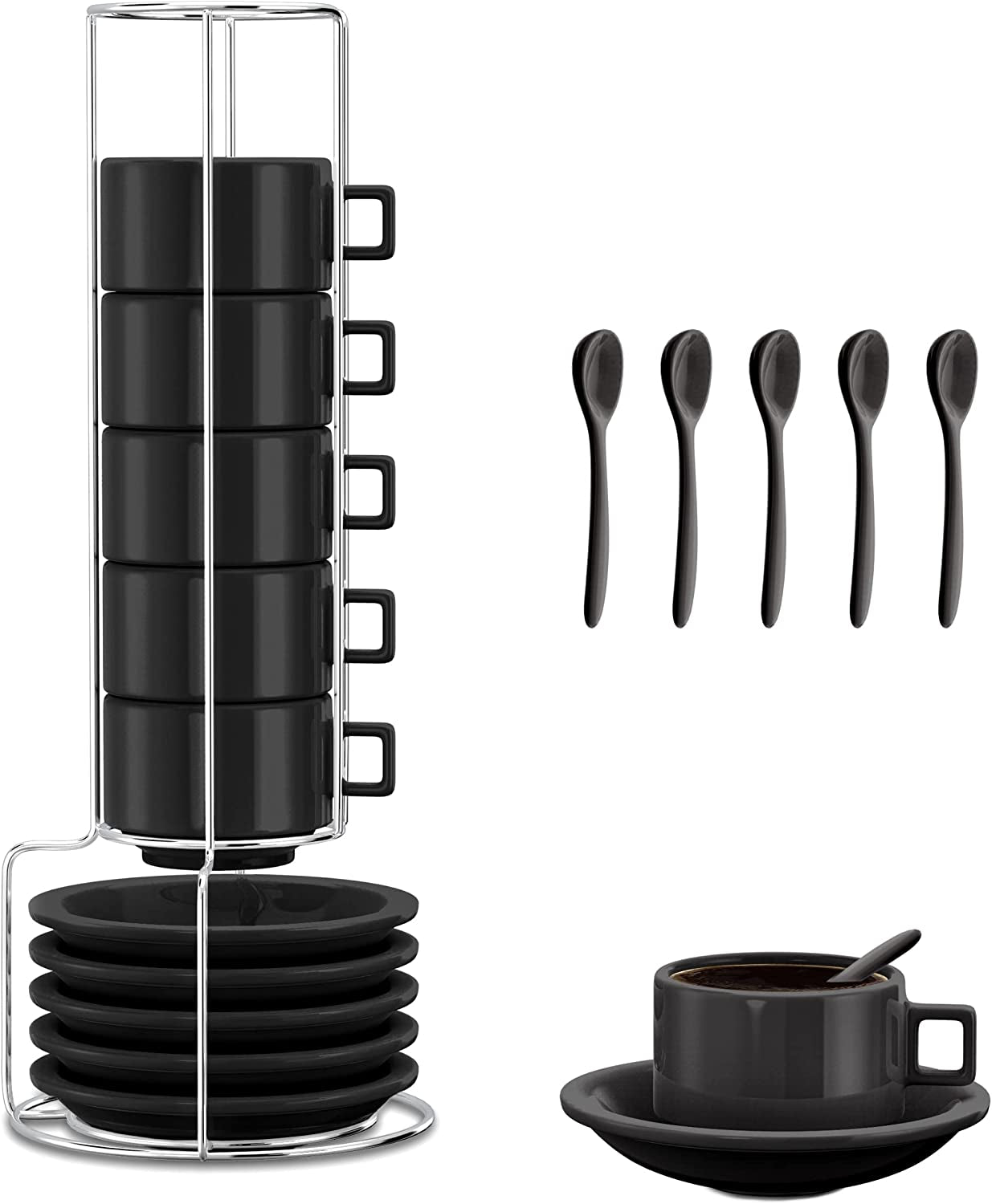 Espresso Cups and Saucers with Spoons, Black, Stackable Demitasse with Metal Stand, 19 Pieces, 2.5 Ounce, Porcelain, Tea Kit, Teacups, Turkish Coffee Mug, Organizer Rack