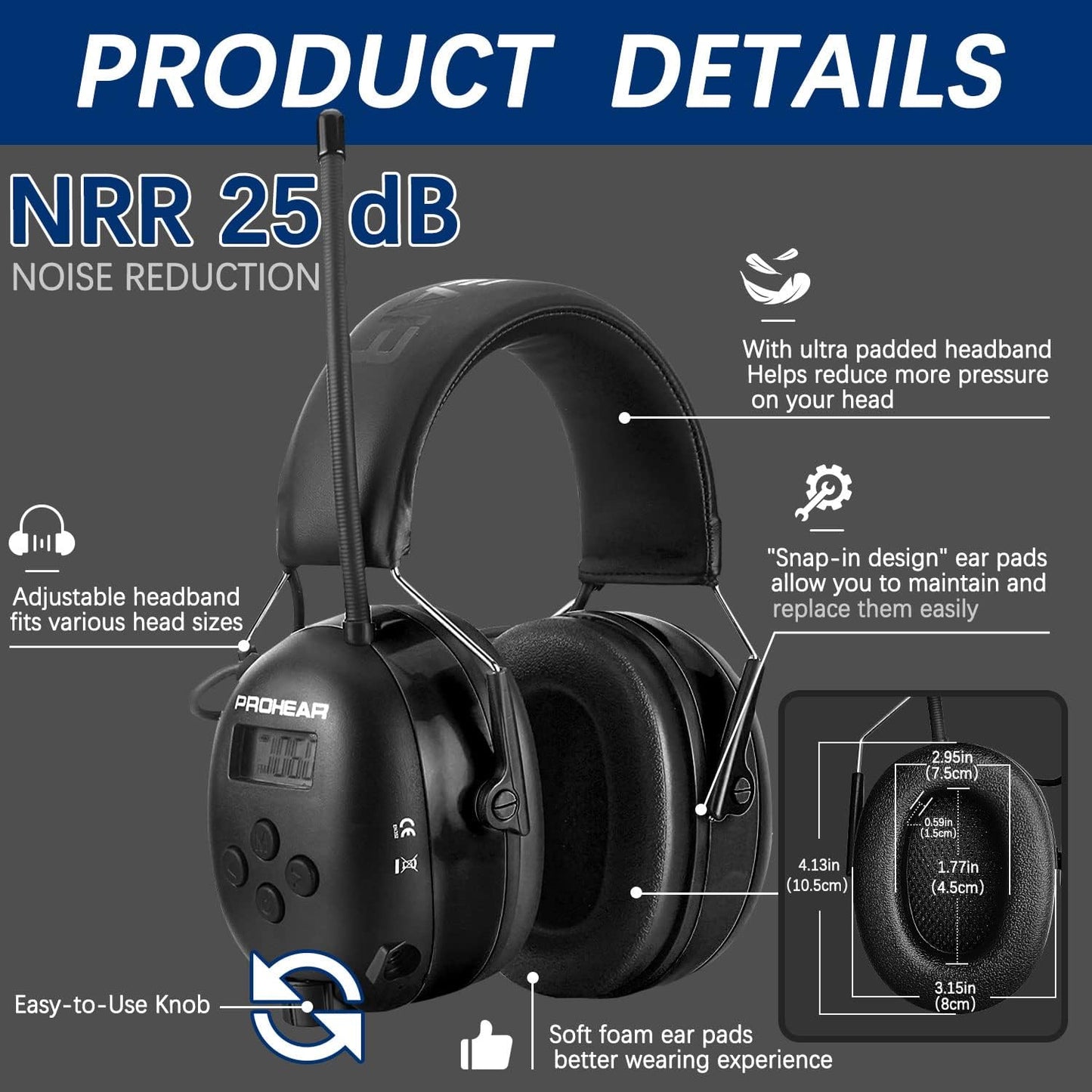 033 Upgraded 5.3 Bluetooth Hearing Protection AM FM Radio Headphones, Noise Reduction Safety Earmuffs with Rechargeable 2000 Mah Battery, Ear Protector for Mowing Lawn Work - Black