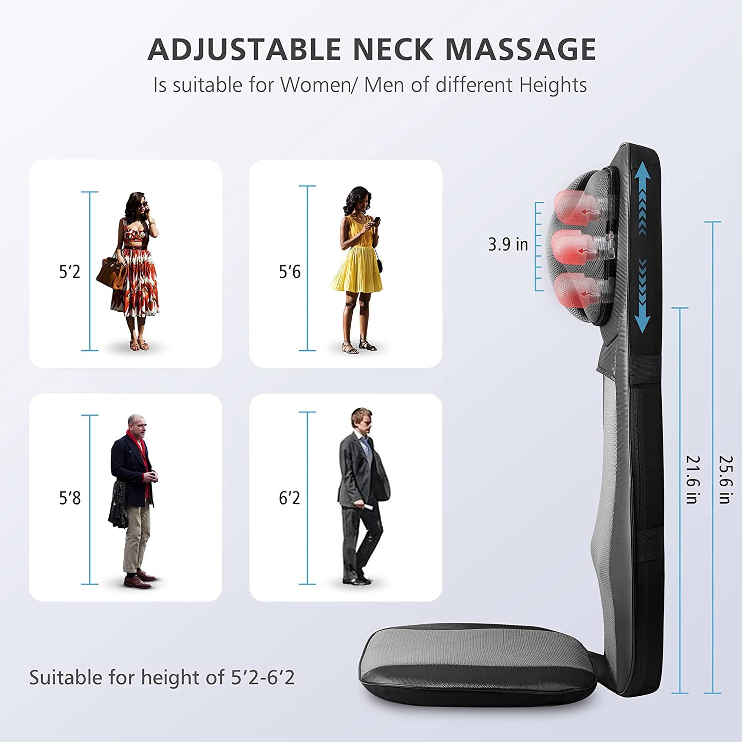 Shiatsu Neck & Back Massager with Heat, Full Back Kneading Shiatsu or Rolling Massage, Massage Chair Pad with Height Adjustment, Back Massager for Neck and Shoulder