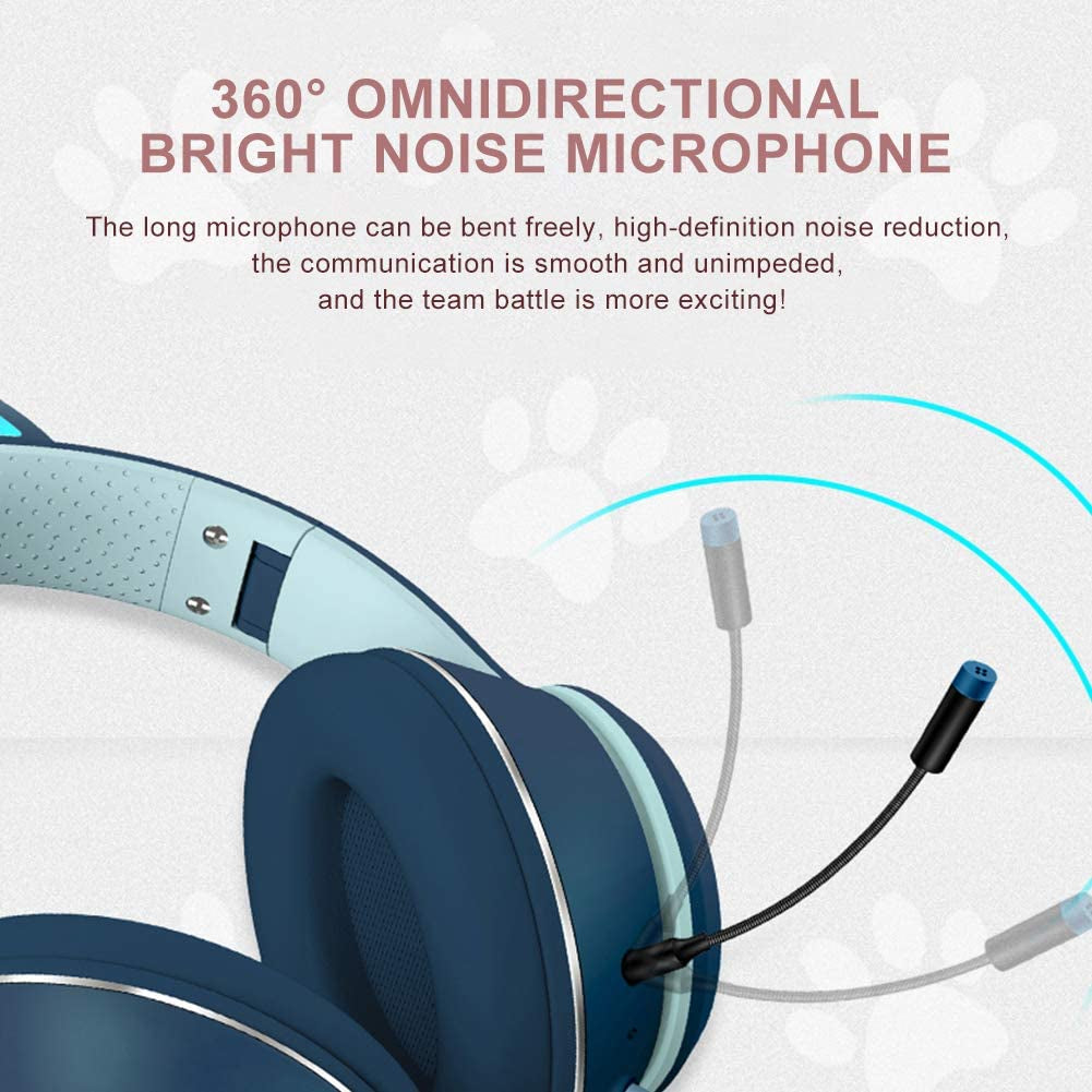 Ear Headphones, Cat Ear LED Light up Foldable Headphones Hifi 3.5MM Noise Reduction Headphones Computer Gaming Headset Cat Ear Headphone with Microphone and Volume Control
